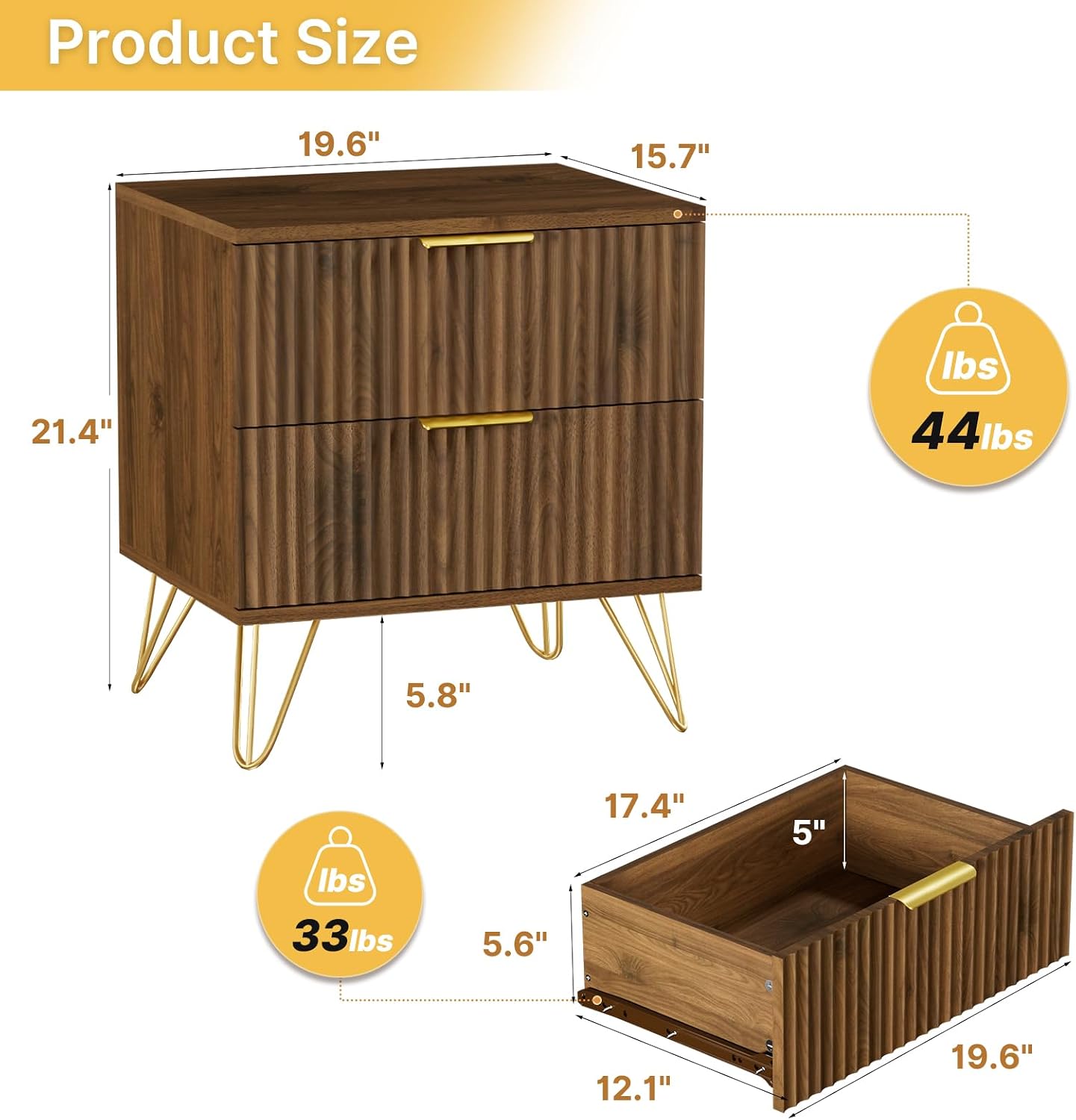 Set of 2 Nightstand, Mid Century Modern Night Stand Bedside Table with 2 Storage Drawer, Bed Side End Table with Golden Handles and Legs for Bedroom, Walnut