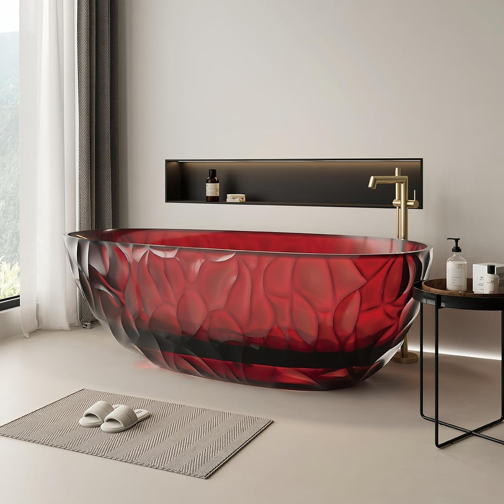 67' Edeyeu Clear Freestanding Bathtub – Designer Solid Surface Bathtub With Ripple Texture, Extra Deep Soaking Tub, Ergonomic Stand Alone Tub For Modern Luxury Bathrooms A