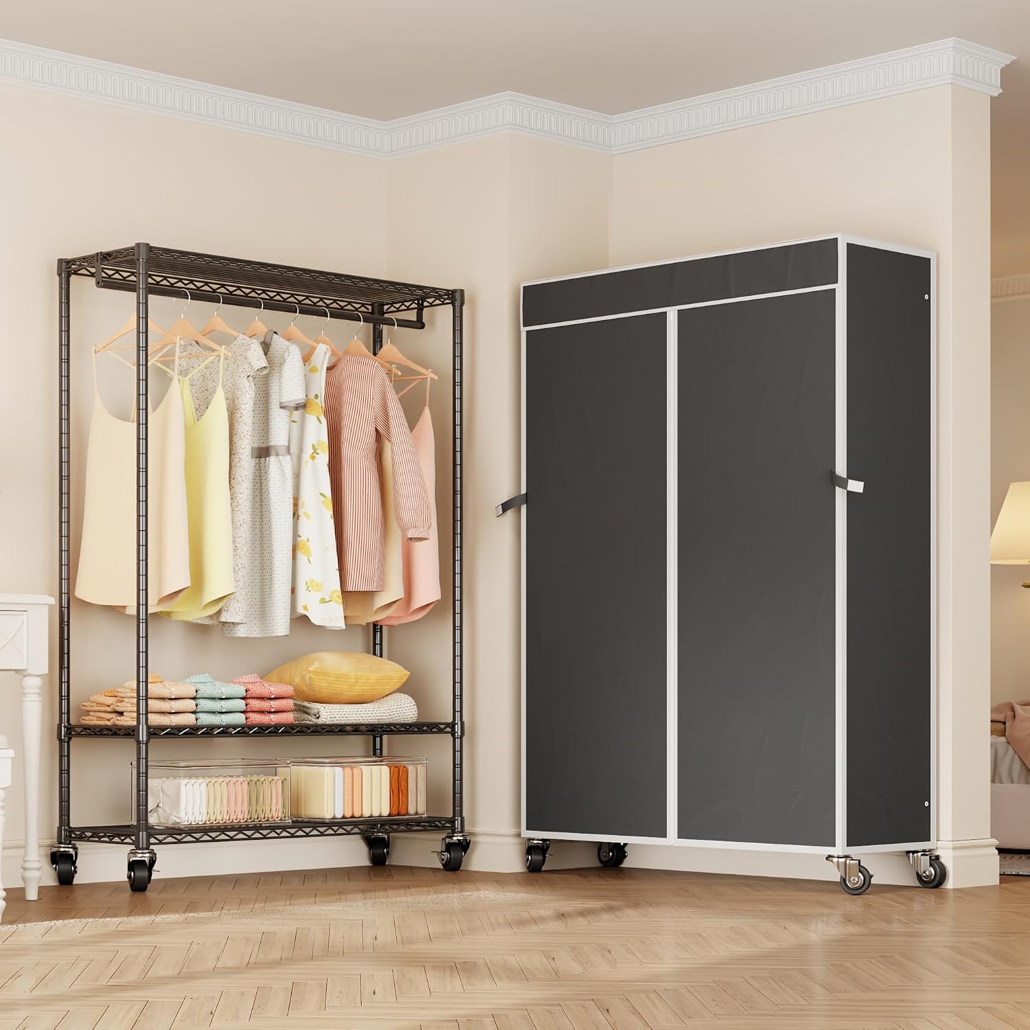 Higeego H4 Plus Rolling Garment Rack with Cover, Heavy Duty Clothes Rack with Wheels, Portable Closet for Hanging Clothes, Wardrobe Closets Organizer Storage, Black Closet Rack with Black Fabric Cover