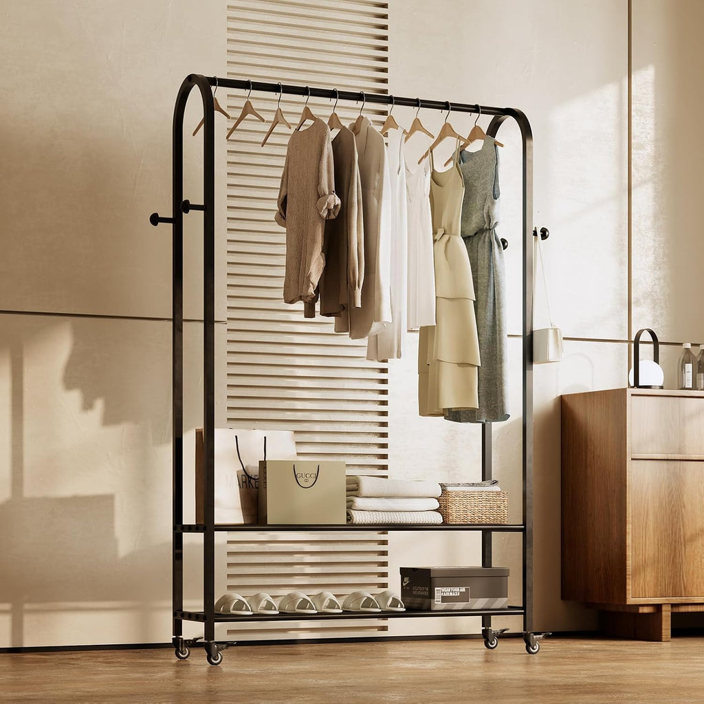 Sturdy Heavy Duty Clothes Rack With Wheels,Modern Clothing Rack With Shelves & hooks, Garment Racks for Hanging Clothes,Closet Rack for Bedroom,49.2in Wide,Clothes Storage and Display (black)