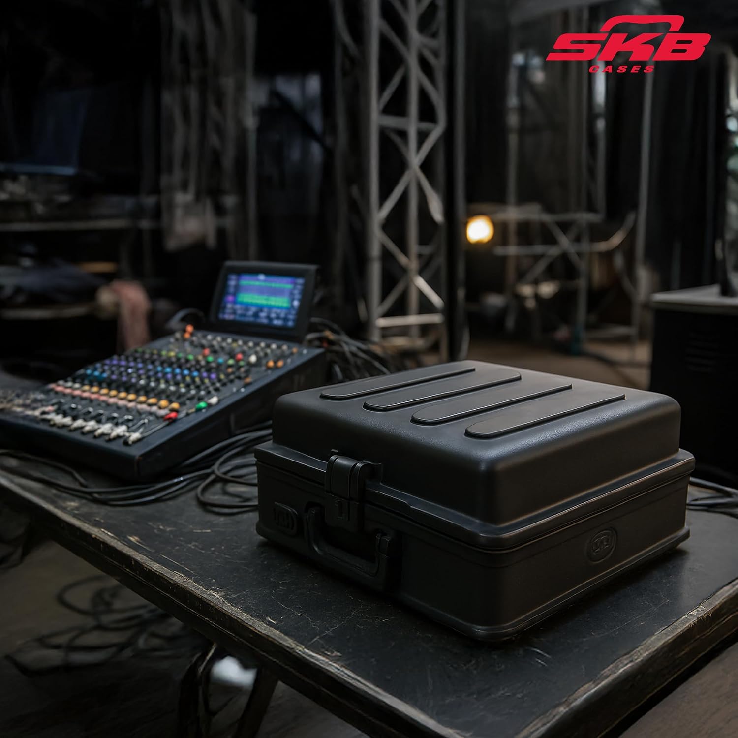 SKB Roto Rack/Mixer Top Console, 10U Slanted Rackmount with Steel Threaded Rails, Hard Lid and Doors, and Side Access Ports, Black