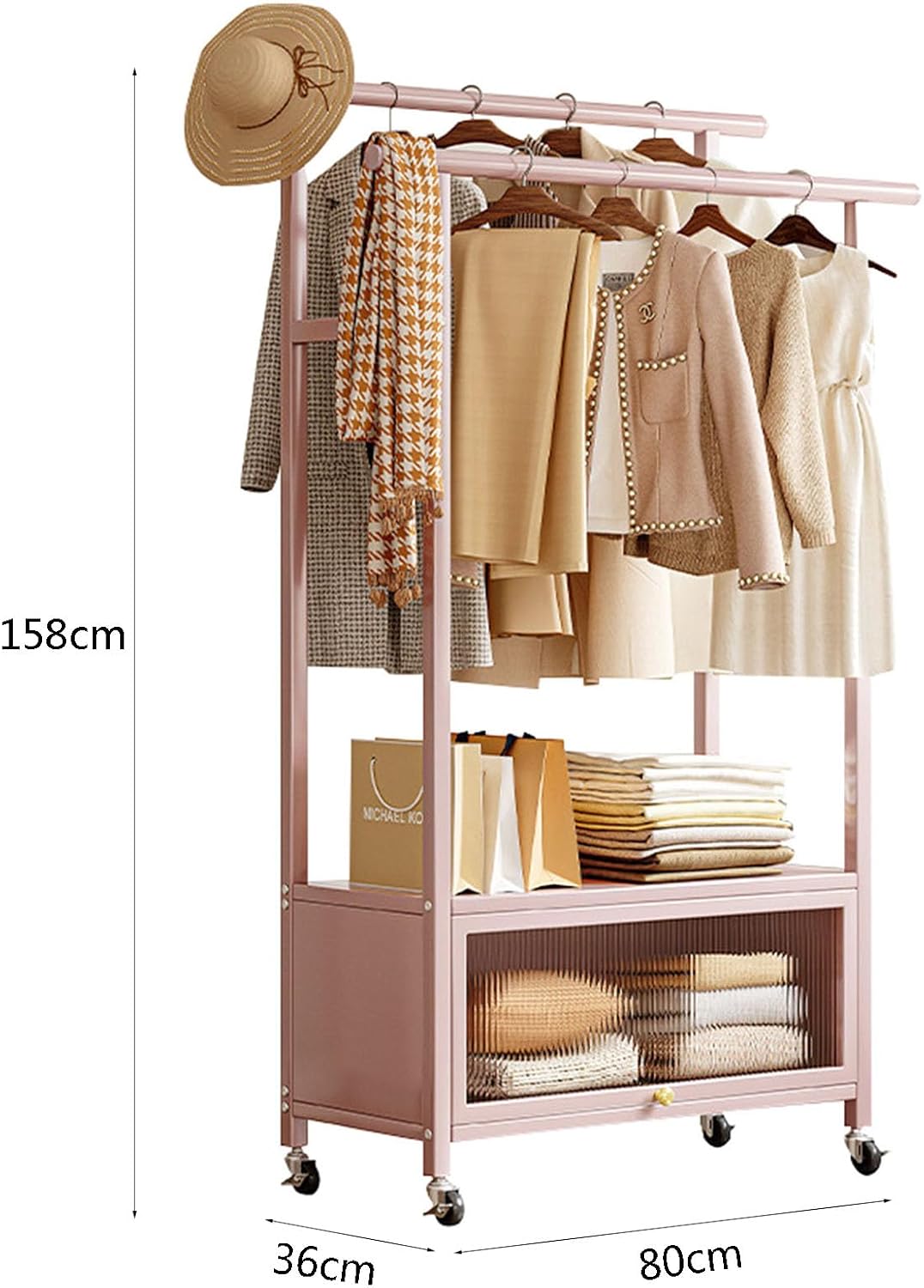Clothing Rack, coat rack with Wheels Rolling Clothes Rack with Storage Coat Rack Stand Modern Garment Rack for Bedroom Boutiques Heavy Duty Coat Hanger Rack, #2, Pink
