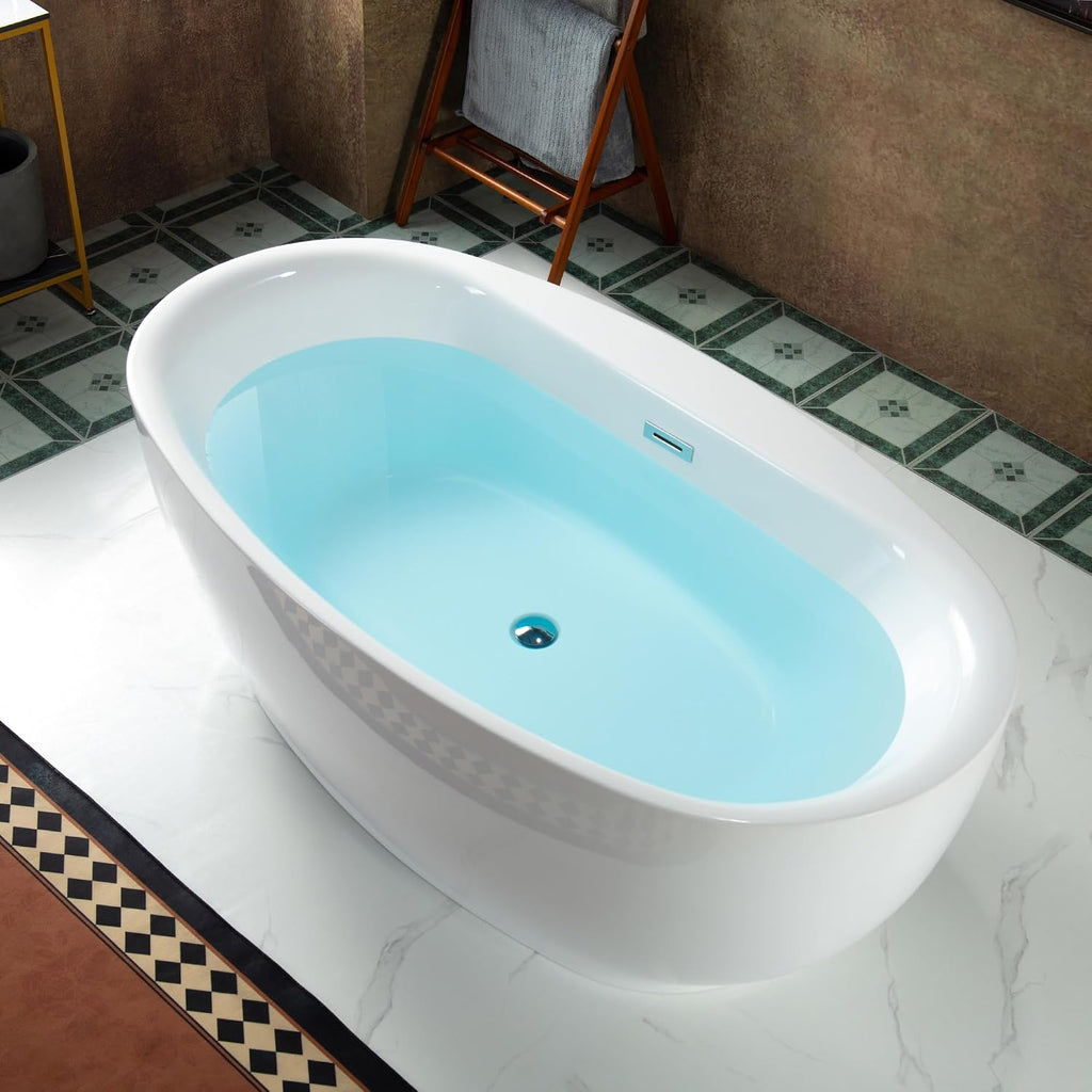 WOODBRIDGE 66' Acrylic Freestanding Bathtub Contemporary Soaking White Tub with Chrome Overflow and Drain，B0027-C