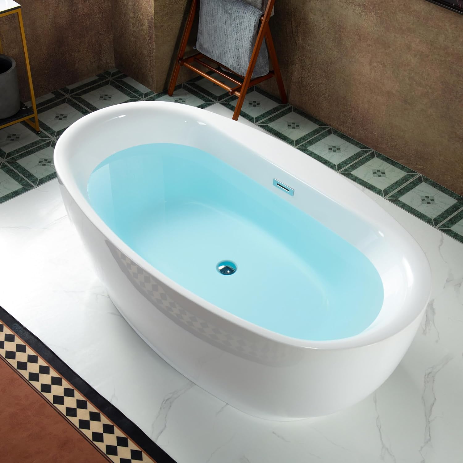 WOODBRIDGE 66' Acrylic Freestanding Bathtub Contemporary Soaking White Tub with Chrome Overflow and Drain，B0027-C
