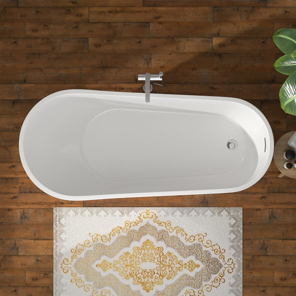 67' Freestanding White Acrylic Slipper Bathtub – Spacious Soaking Tub with Chrome Drain and Ergonomic Backrest for Luxurious Home Bathing, YSB9213