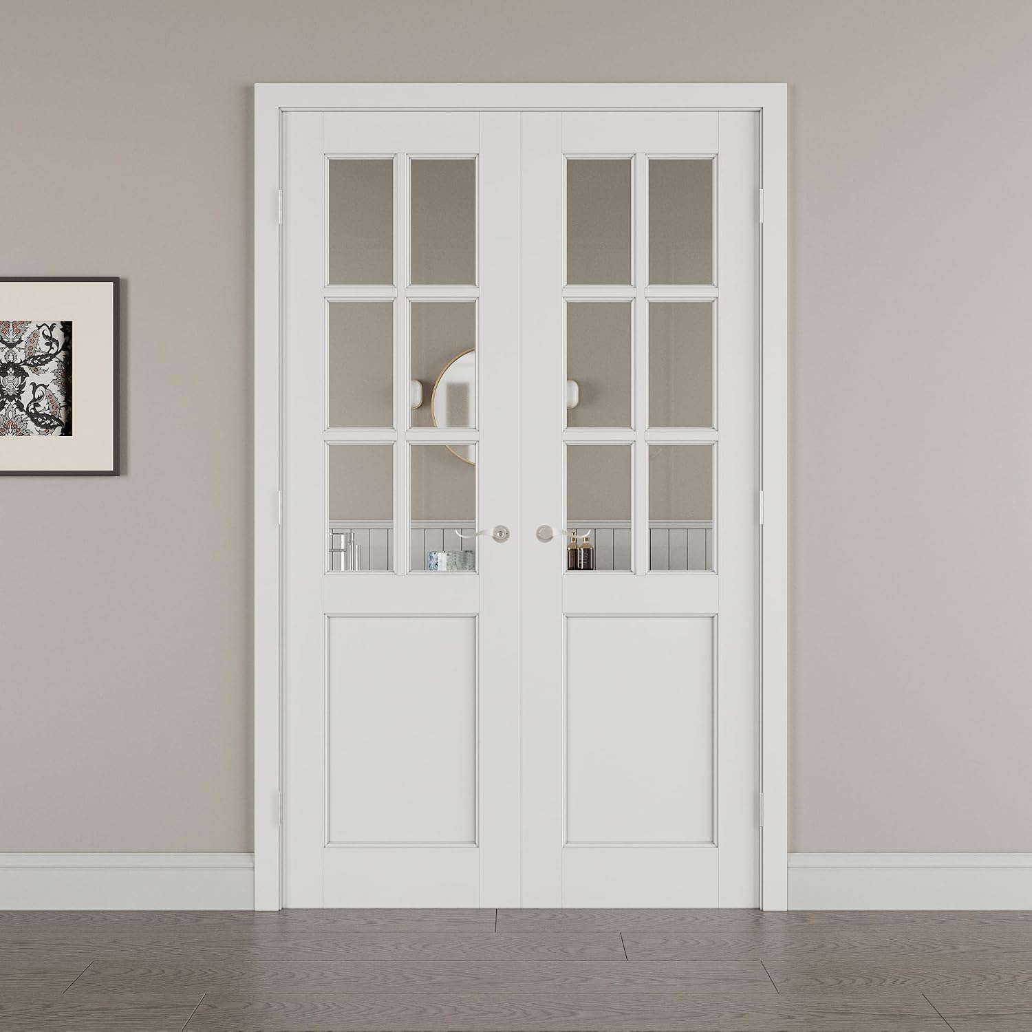 48' x 80' French Doors Interior (Double 24' x 80' 6-Lite Clear Glass Door with Silver Hinge Prehung Jamb Kit), Pre-Finished & Paintable, Prebuilt Home Door Panels & Assembly Required Jamb
