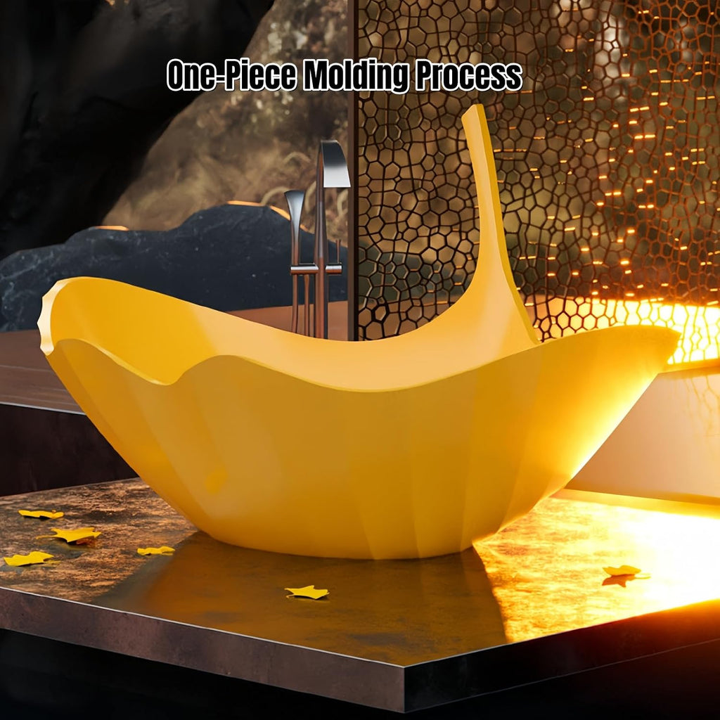 67' Luxury Freestanding Bathtub - Ginkgo-Leaf Soaking Tub with Deep Immersion, Heat-Retaining Resin Construction, Seamless Design, and Artistic Solid Surface Bathtub Craftsmanship Yellow