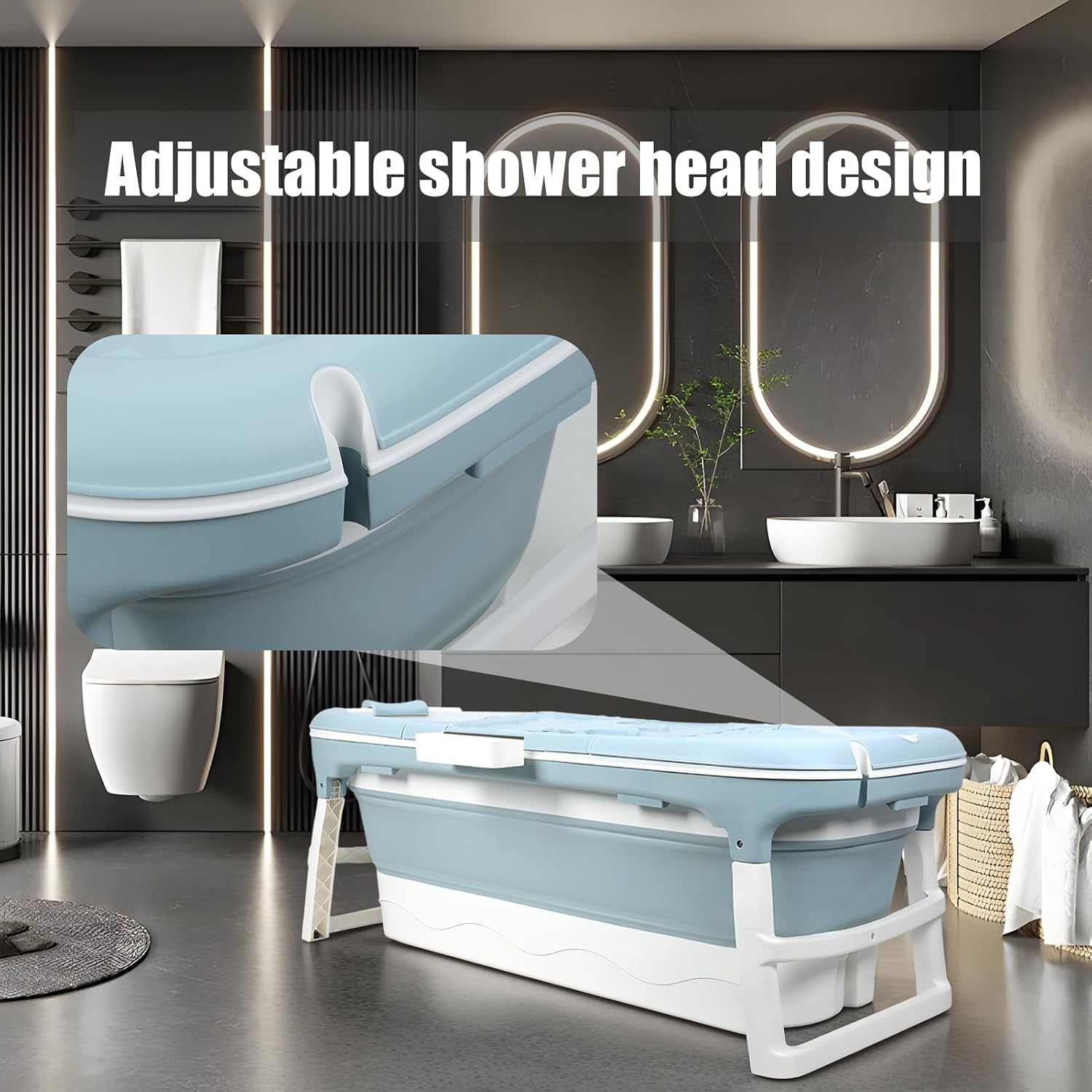 Portable Bathtub for Adult, 59' Large Collapsible Tub, Effortless Folding Bathtub with Massage Board, Thermometer, Thermal Cover, Ideal for Hot Bath Ice Bath with Reached Out Hands (50 inch)