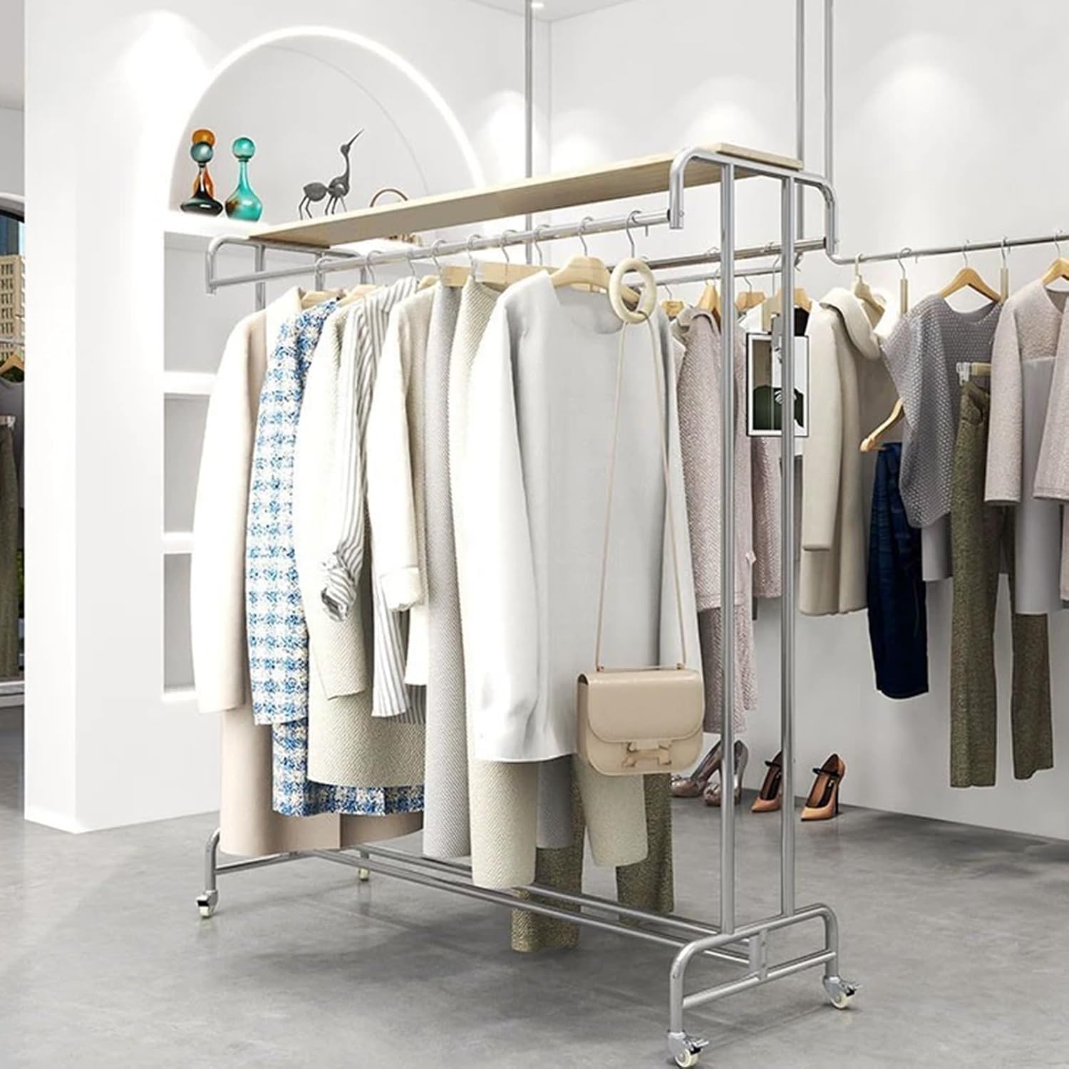 Stainless Steel Freestanding Garment Rack, Heavy Duty Double Rod Rolling Clothes Rack Clothing Hanger Stand for Modern Boutique Display Rack Retail Use ( Color : Rack with Shelf , Size : 100x50x150cm