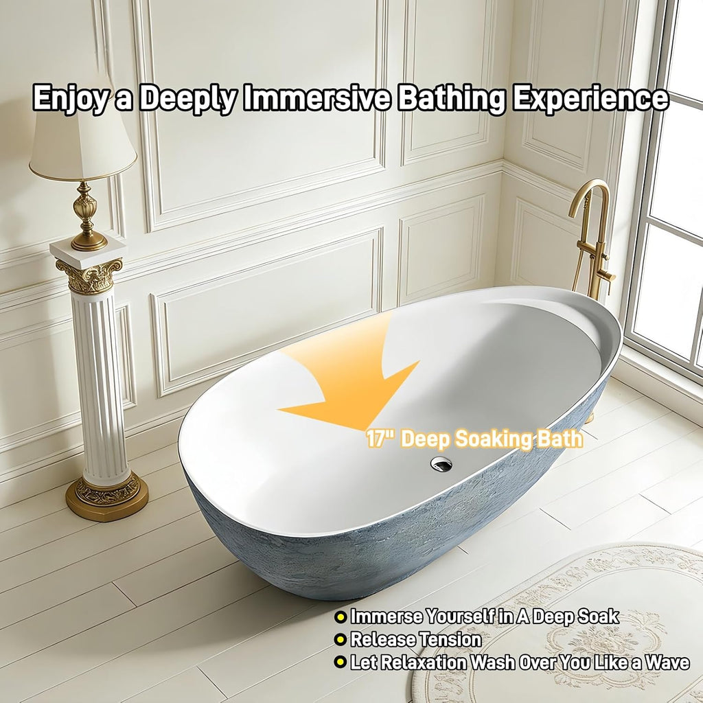 59' Edeyeu Freestanding Bathtub - Solid Surface Soaking Tub, Luxury Free Standing Tub with Deep Soaking Experience, Designer Acrylic Bathtubs for Spa & Home Bathroom, Blue