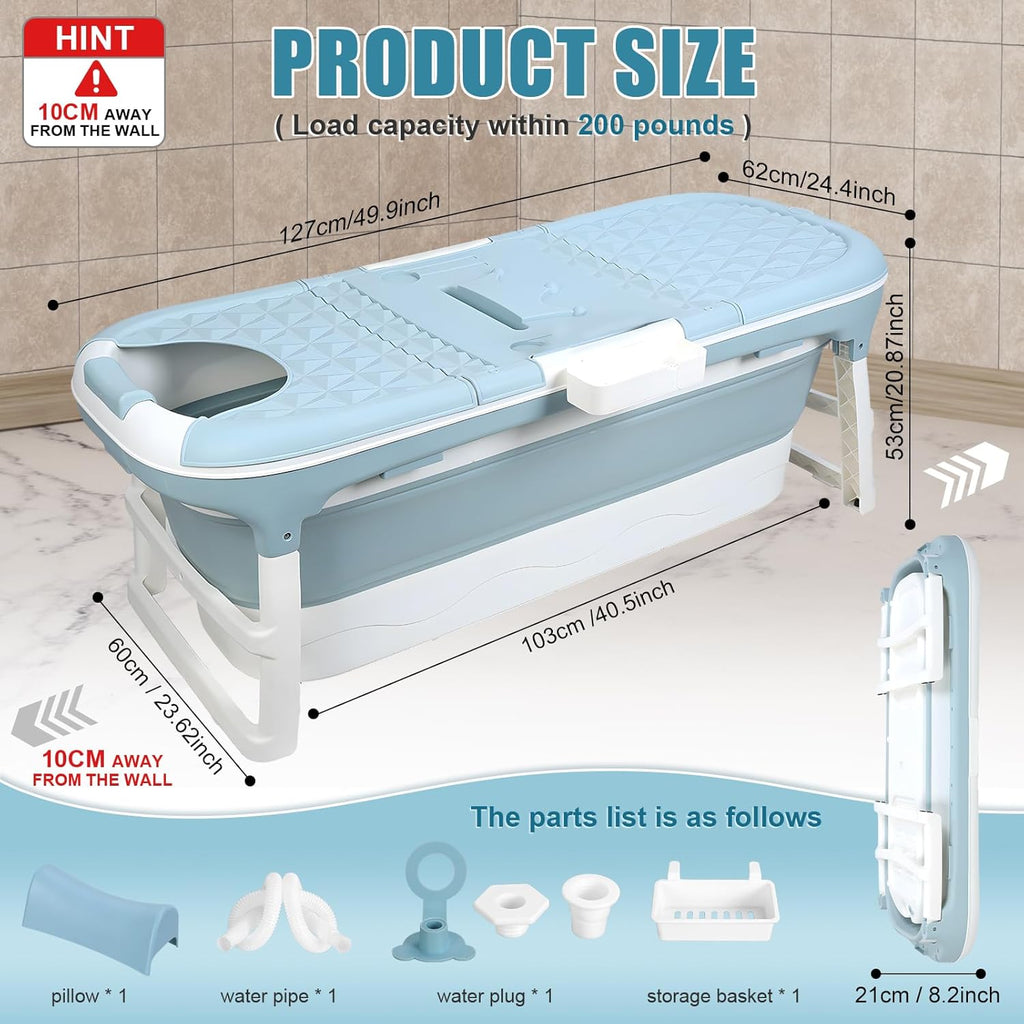 Portable Bathtub for Adult, 59' Large Collapsible Tub, Effortless Folding Bathtub with Massage Board, Thermometer, Thermal Cover, Ideal for Hot Bath Ice Bath with Reached Out Hands (50 inch)