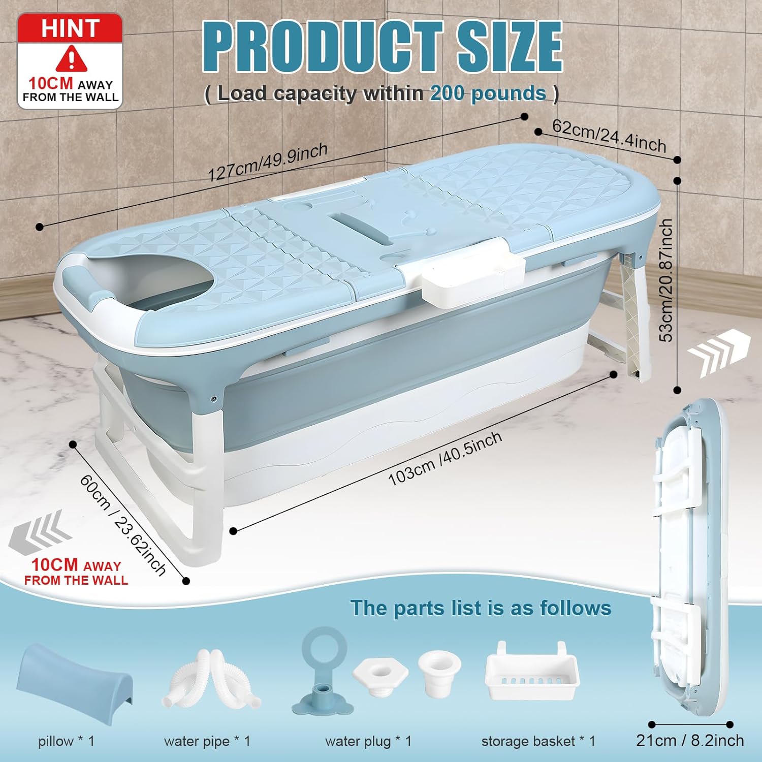 Portable Bathtub for Adult, 59' Large Collapsible Tub, Effortless Folding Bathtub with Massage Board, Thermometer, Thermal Cover, Ideal for Hot Bath Ice Bath with Reached Out Hands (50 inch)
