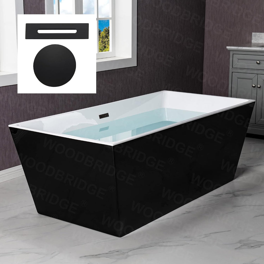 WOODBRIDGE 67' Acrylic Freestanding Bathtub Contemporary Soaking Black Tub with Matte Black Overflow and Drain，BTA1812-MB