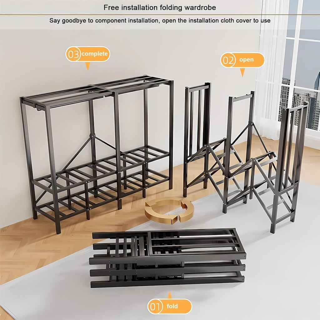 Heavy Duty Metal Clothes Rack With Cover 1200lbs Foldable Portable Wardrobe Closet Closed Corner Walk-in Closet Bedroom Wardrobe Clothes Organizer With 2 Hanging Rod For Hanging Clothes(190cm/74.8in)