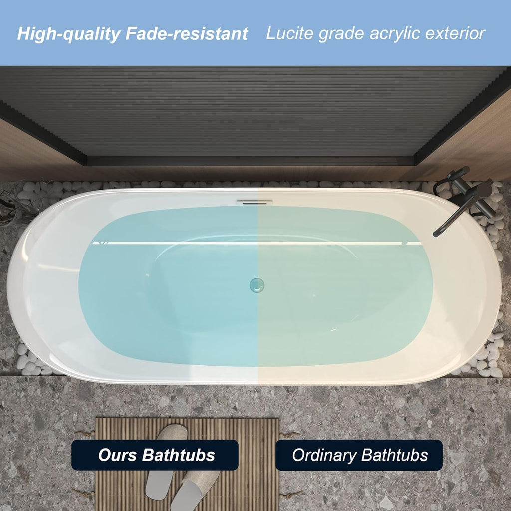 Freestanding Bathtub 67' Acrylic Contemporary Free Standing Tub Ship Shape Oval Acrylic Soaking Bath Tubs with Chrome Pop-Up Drain & Overflow, White