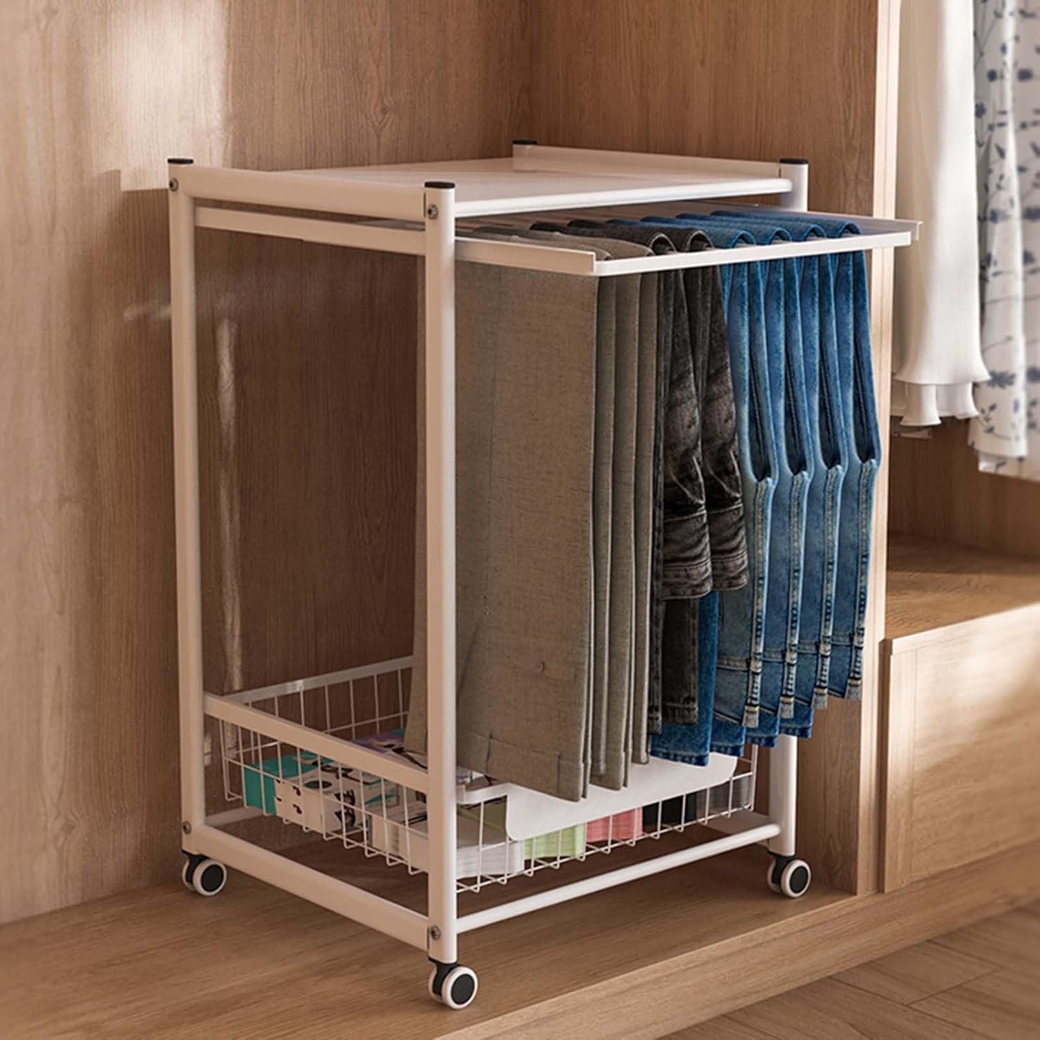 Display Stand Pants Hangers Rolling Trolley Trousers Rack, Jeans Hangers Metal Scarves Rack Clothing Closet Organizer Shelf, Multipurpose Blanket Rack (Beech Color-L46.5*W41.5*H73.7 CM -A