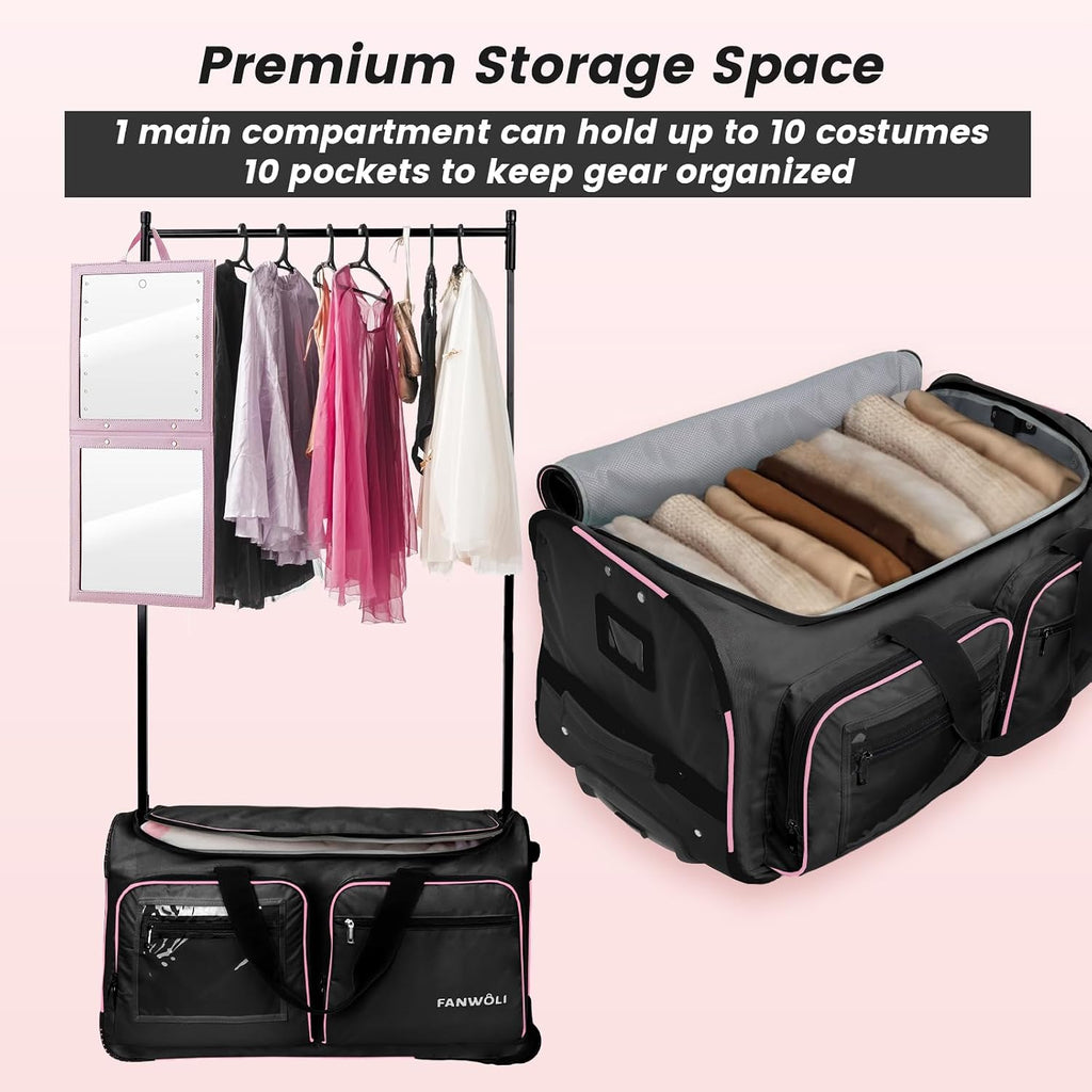 Fanwoli 23' Dance Bag with Garment Rack | Upgraded Stable System & Fabric | More Lightweight & Wear-Resistant | Ideal Competition Rolling Duffle Bag
