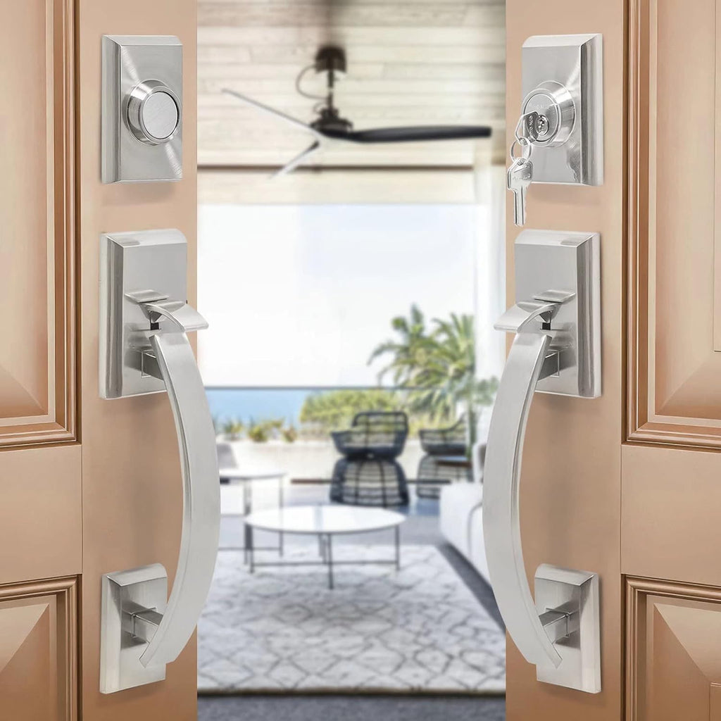 Double Front Door Handle Set with Heavy Duty Lock, Satin Nickel Finish, Suitable for Front or Office Door