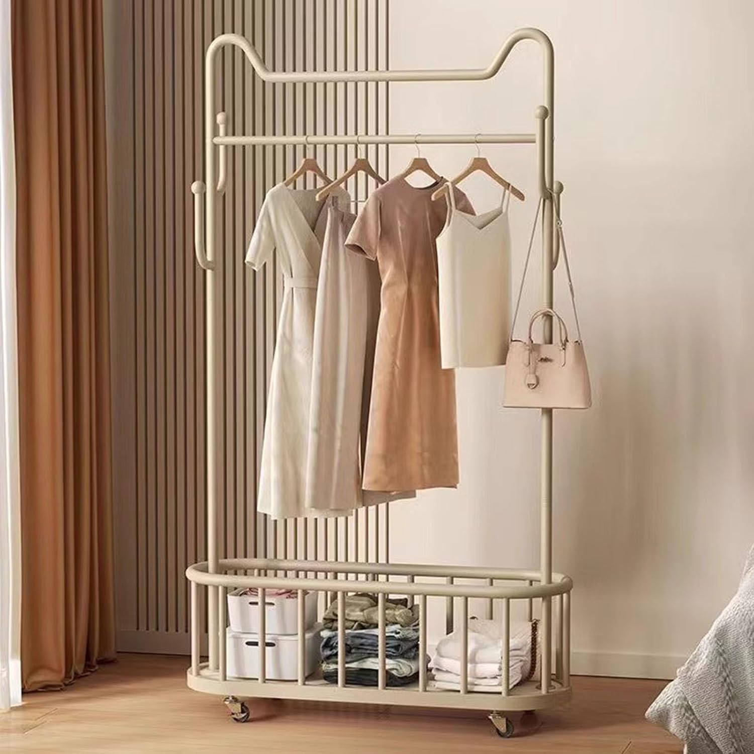 Cat Styling Clothing Rack, Coat Rack with Wheels Rolling Clothes Rack with Storage Basket Coat Rack Stand Modern Garment Rack for Bedroom Boutiques Heavy Duty Coat Hanger Rack