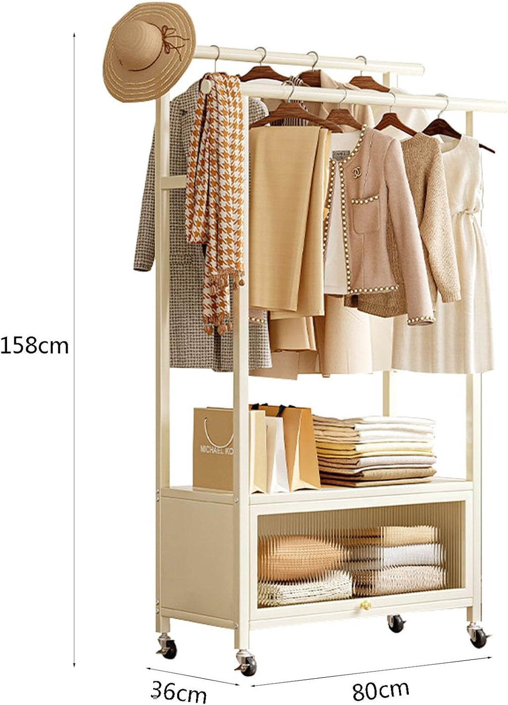 Clothing Rack, coat rack with Wheels Rolling Clothes Rack with Storage Coat Rack Stand Modern Garment Rack for Bedroom Boutiques Heavy Duty Coat Hanger Rack