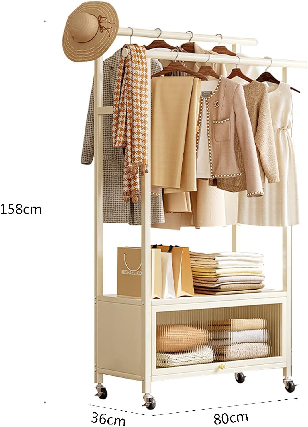 Clothing Rack, coat rack with Wheels Rolling Clothes Rack with Storage Coat Rack Stand Modern Garment Rack for Bedroom Boutiques Heavy Duty Coat Hanger Rack