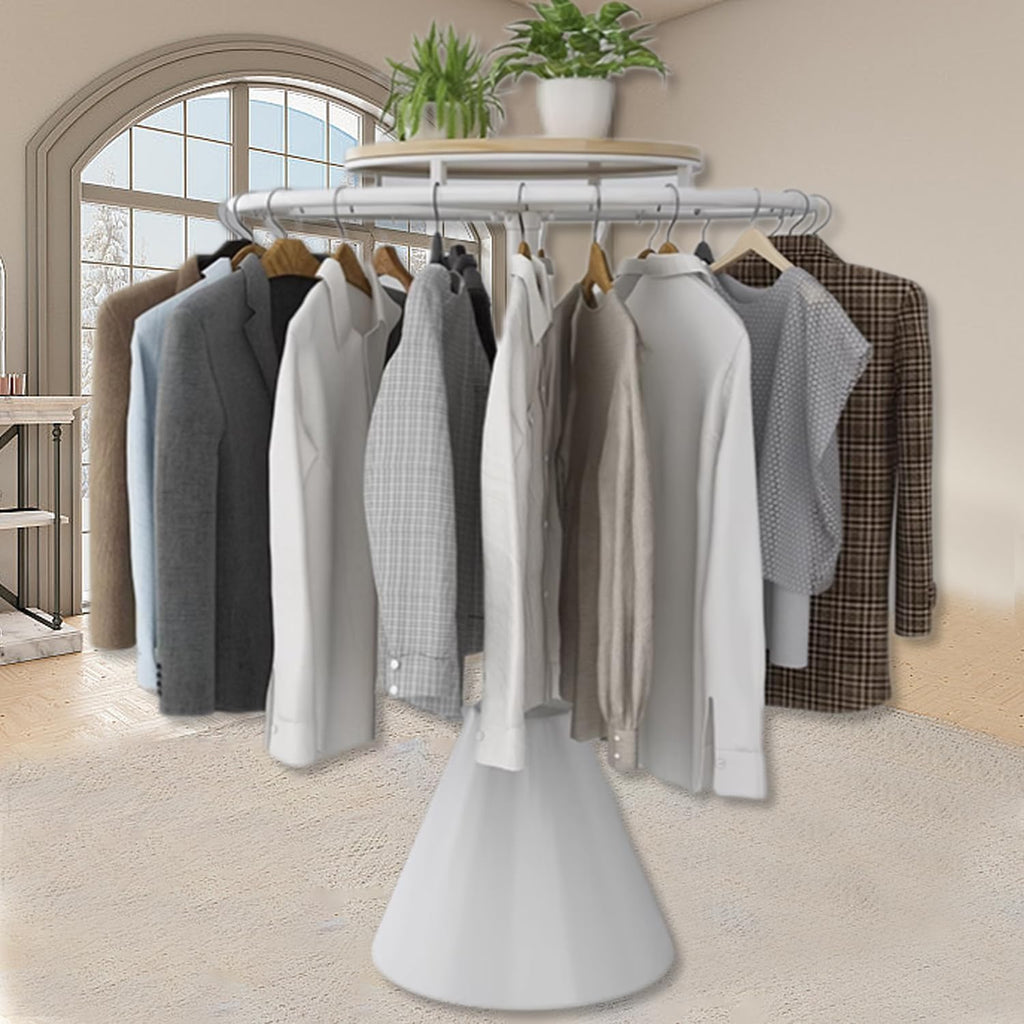 360° Rotatable Round Garment Rack, Heavy Duty Multi-Purpose Retail Round Clothes Rack for Coat, Home Floor-Standing Clothing Organizer, Display Clothes Rack for Boutiques,White,60x135cm