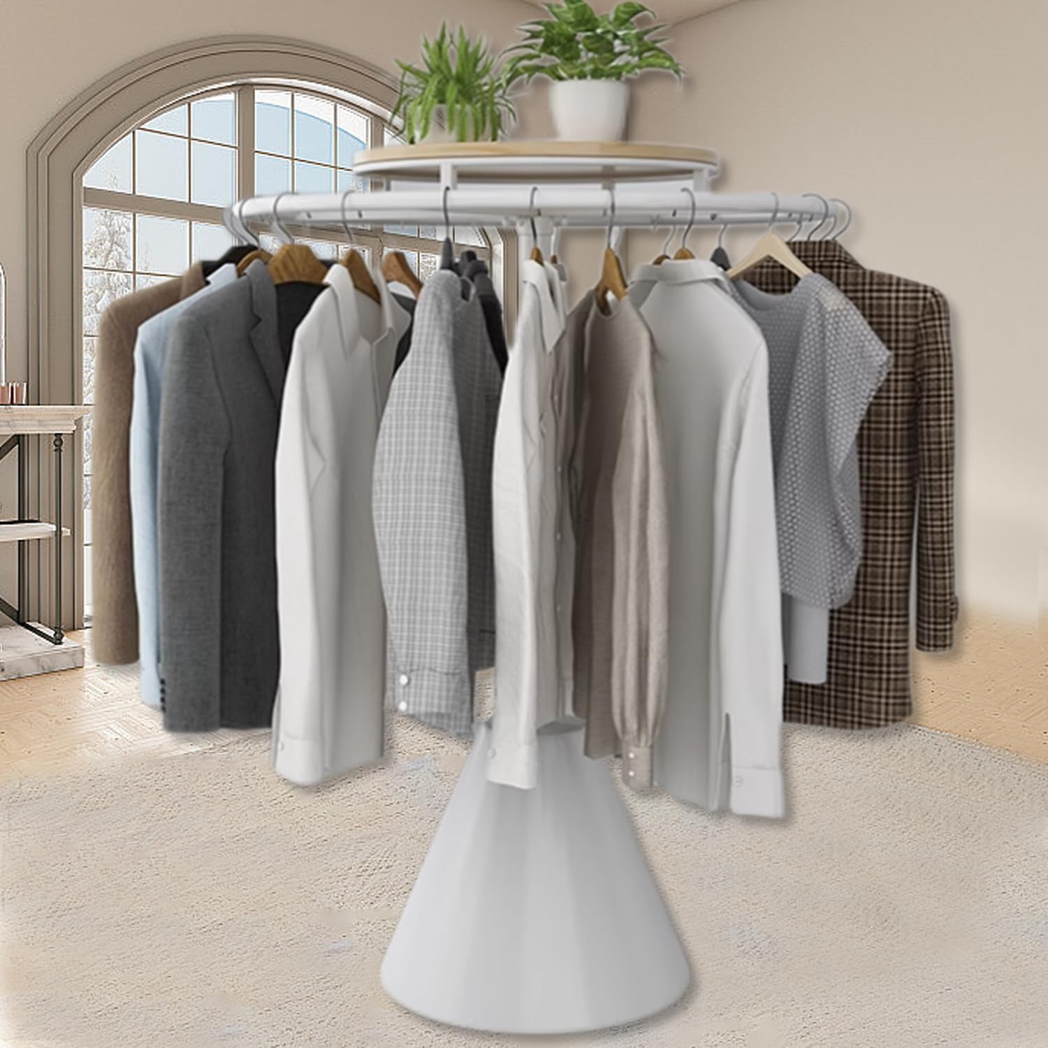 360° Rotatable Round Garment Rack, Heavy Duty Multi-Purpose Retail Round Clothes Rack for Coat, Home Floor-Standing Clothing Organizer, Display Clothes Rack for Boutiques,White,60x135cm