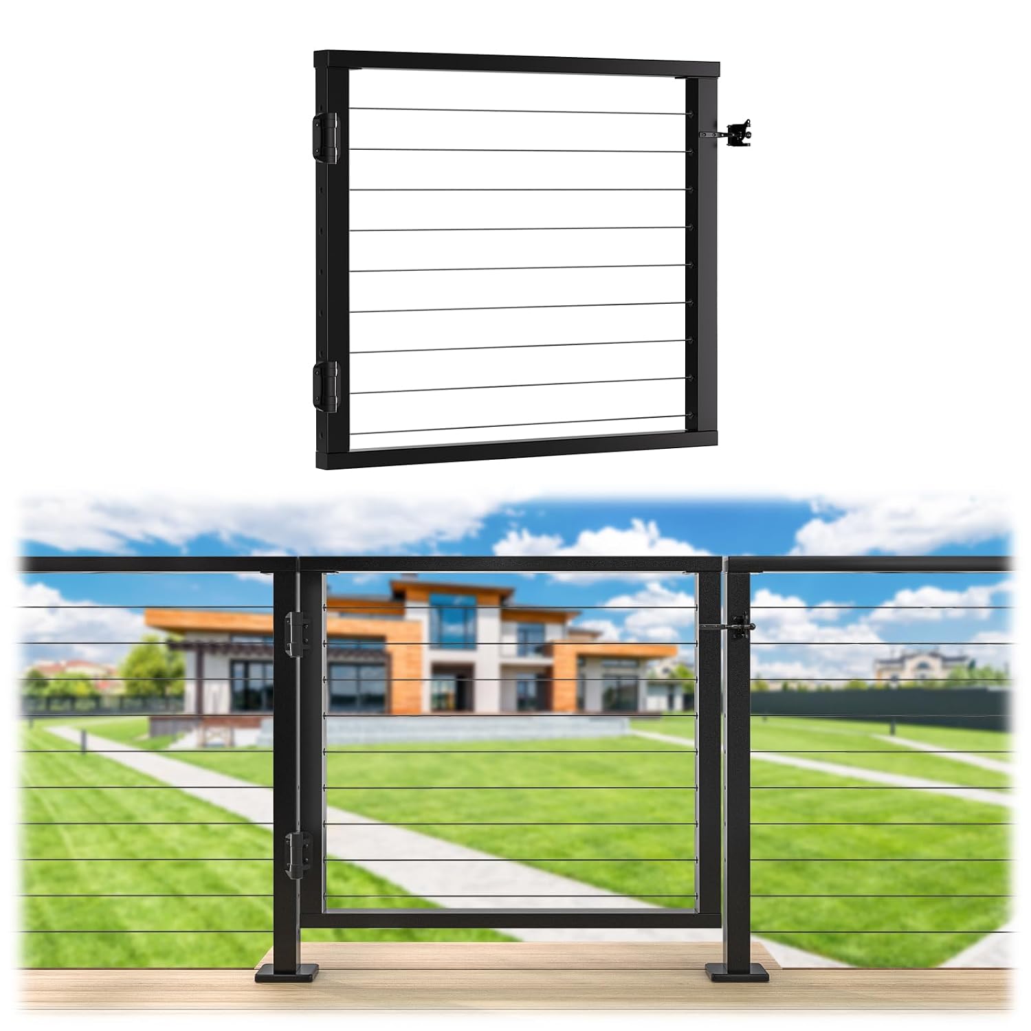 Muzata Aluminium Cable Railing Gate Black for Wood Metal 36' Cable Railing System Outdoor Seaside 36 1/32'' W X 32 13/32' H, DG01 BPA