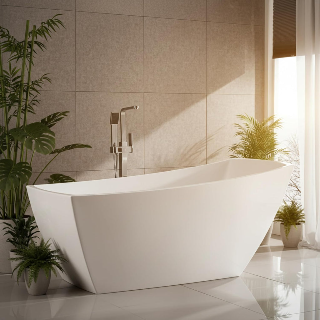 Albi 67' Freestanding Acrylic Bathtub with Chrome Drain, Glossy White Seamless Soaking Tub, Fiberglass Reinforced with Leveling Legs, 56 Gal Capacity
