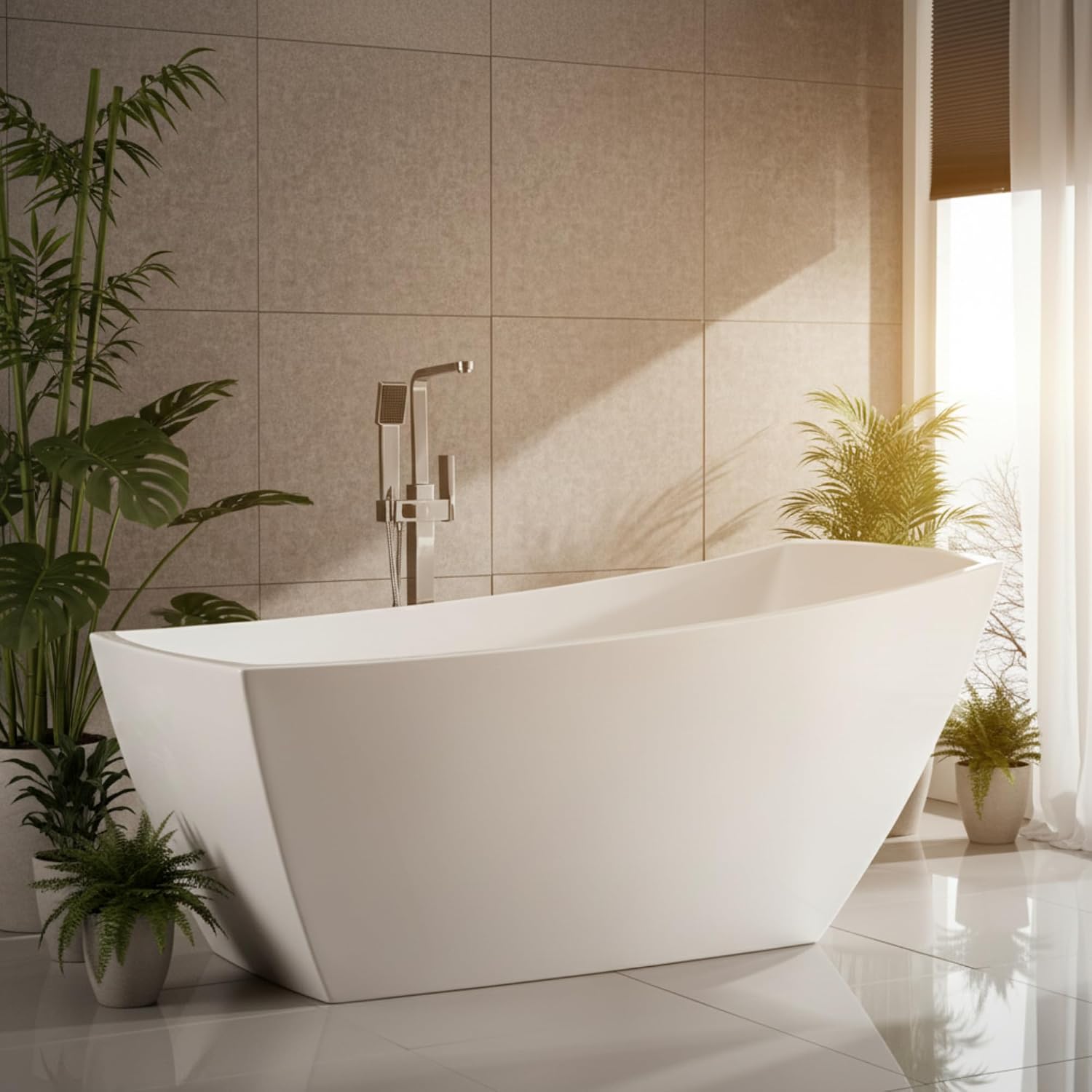 Albi 67' Freestanding Acrylic Bathtub with Chrome Drain, Glossy White Seamless Soaking Tub, Fiberglass Reinforced with Leveling Legs, 56 Gal Capacity