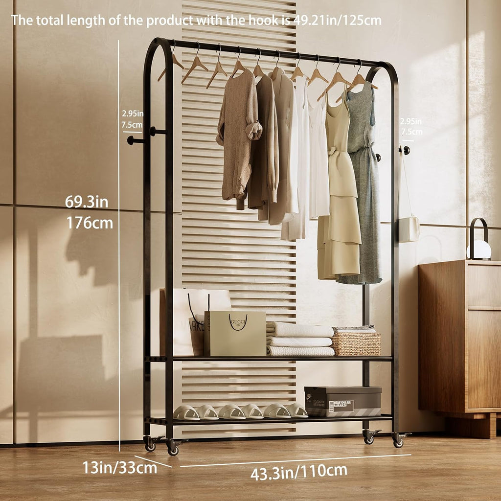 Sturdy Heavy Duty Clothes Rack With Wheels,Modern Clothing Rack With Shelves & hooks, Garment Racks for Hanging Clothes,Closet Rack for Bedroom,49.2in Wide,Clothes Storage and Display (black)