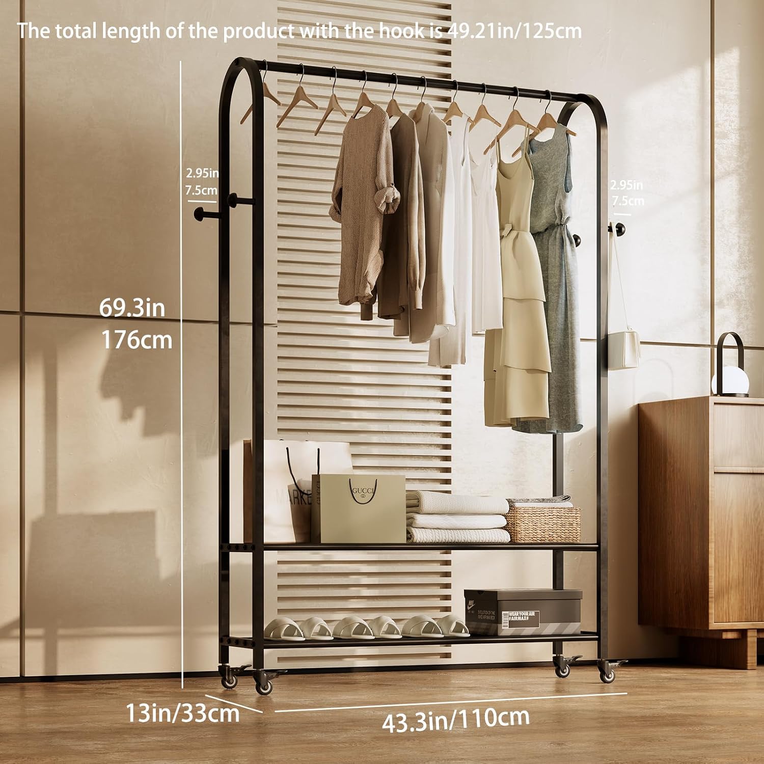 Sturdy Heavy Duty Clothes Rack With Wheels,Modern Clothing Rack With Shelves & hooks, Garment Racks for Hanging Clothes,Closet Rack for Bedroom,49.2in Wide,Clothes Storage and Display (black)