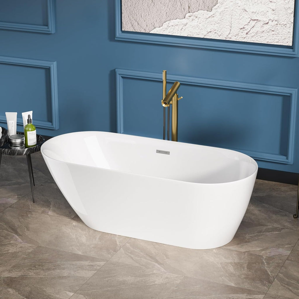 Sarlai 67 Inch Acrylic Freestanding Soaking Bathtub Contemporary Soaking White Tub Stand Alone Ergonomic Bathtub with Chrome Drain and Overflow