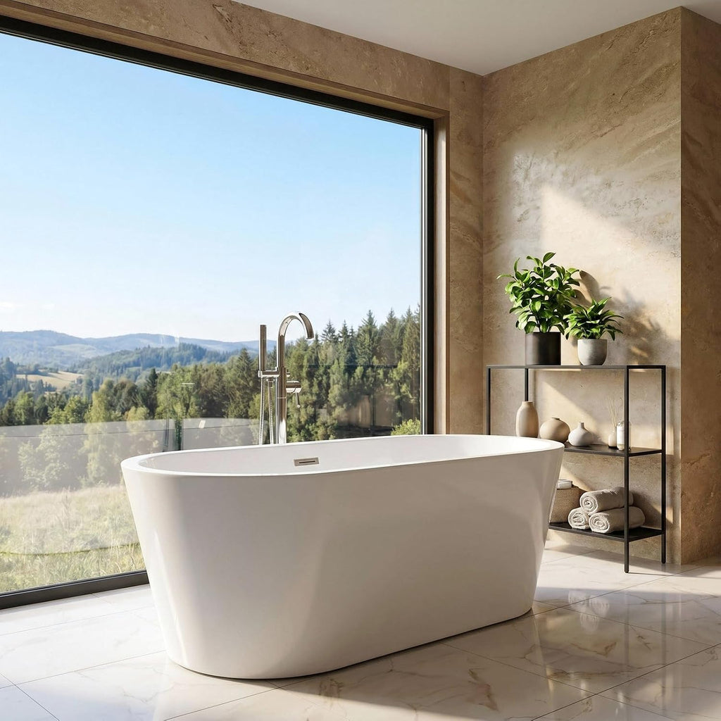 59' Acrylic Freestanding Bathtub,17.7' Deep Soaking Tub with Integrated Overflow & Drain, Non-Slip Base,CUPC Certified Free Standing Tub,Chrome Drain Bath Tub, Modern Tub for Bathrooms,Straight White