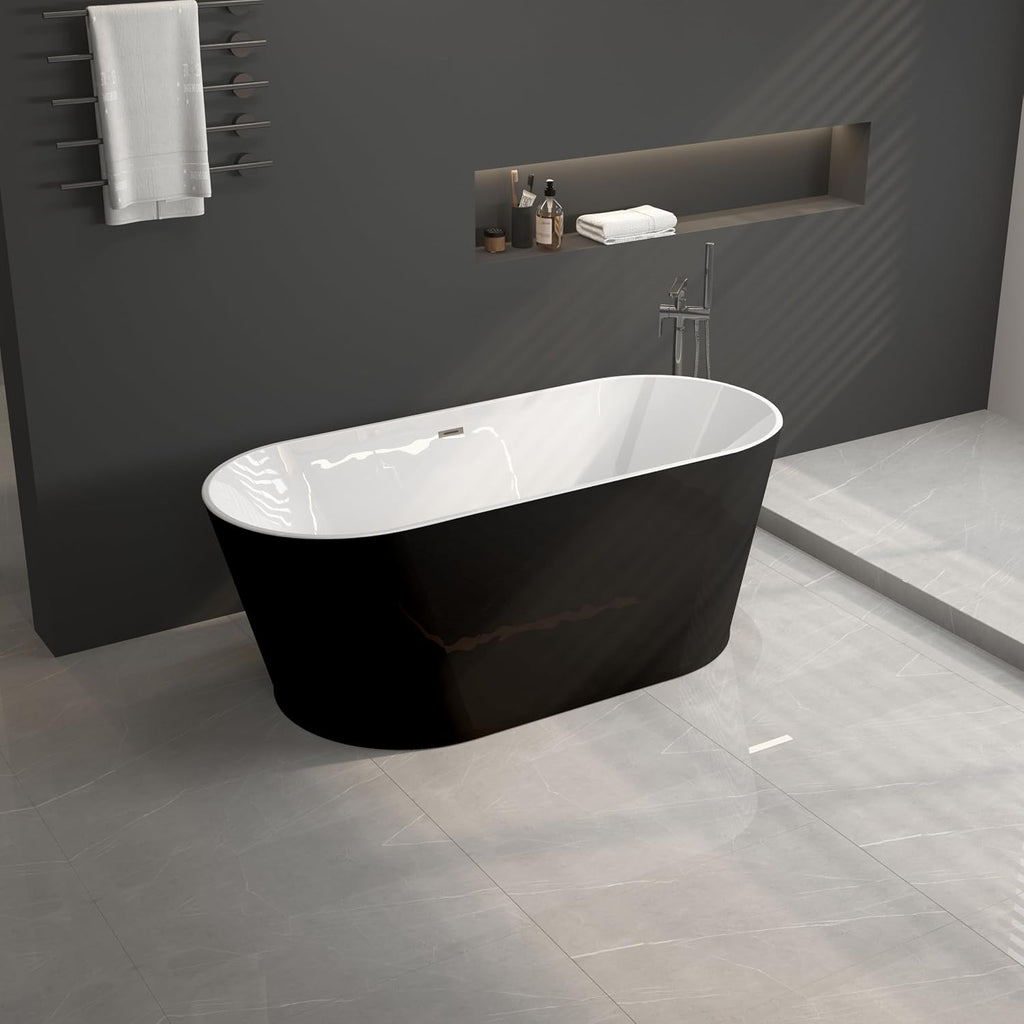 59' Acrylic Freestanding Bathtub-Acrylic Soaking Tubs, Black Bathtub, Oval Shape Black Freestanding Bathtub with Chrome Overflow and Pop Up Drain