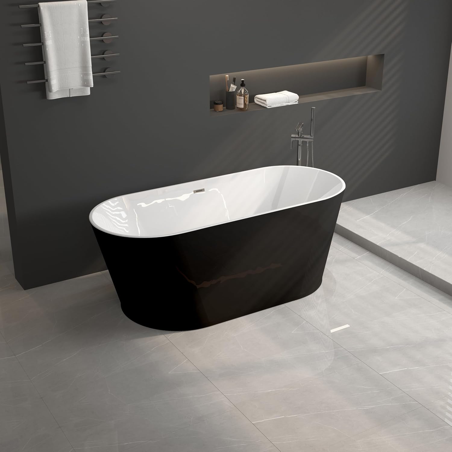 59' Acrylic Freestanding Bathtub-Acrylic Soaking Tubs, Black Bathtub, Oval Shape Black Freestanding Bathtub with Chrome Overflow and Pop Up Drain