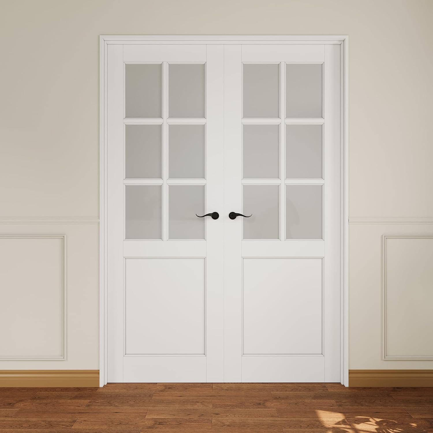 French Door 56' x 80' (Double 28' x 80') 6-Lite Frosted Glass Door Slabs with Pre-Hung Jamb, Black Hinges, Levers and Latch, White Primed, French Interior Doors with Frame, Swing Double Bedroom Doors