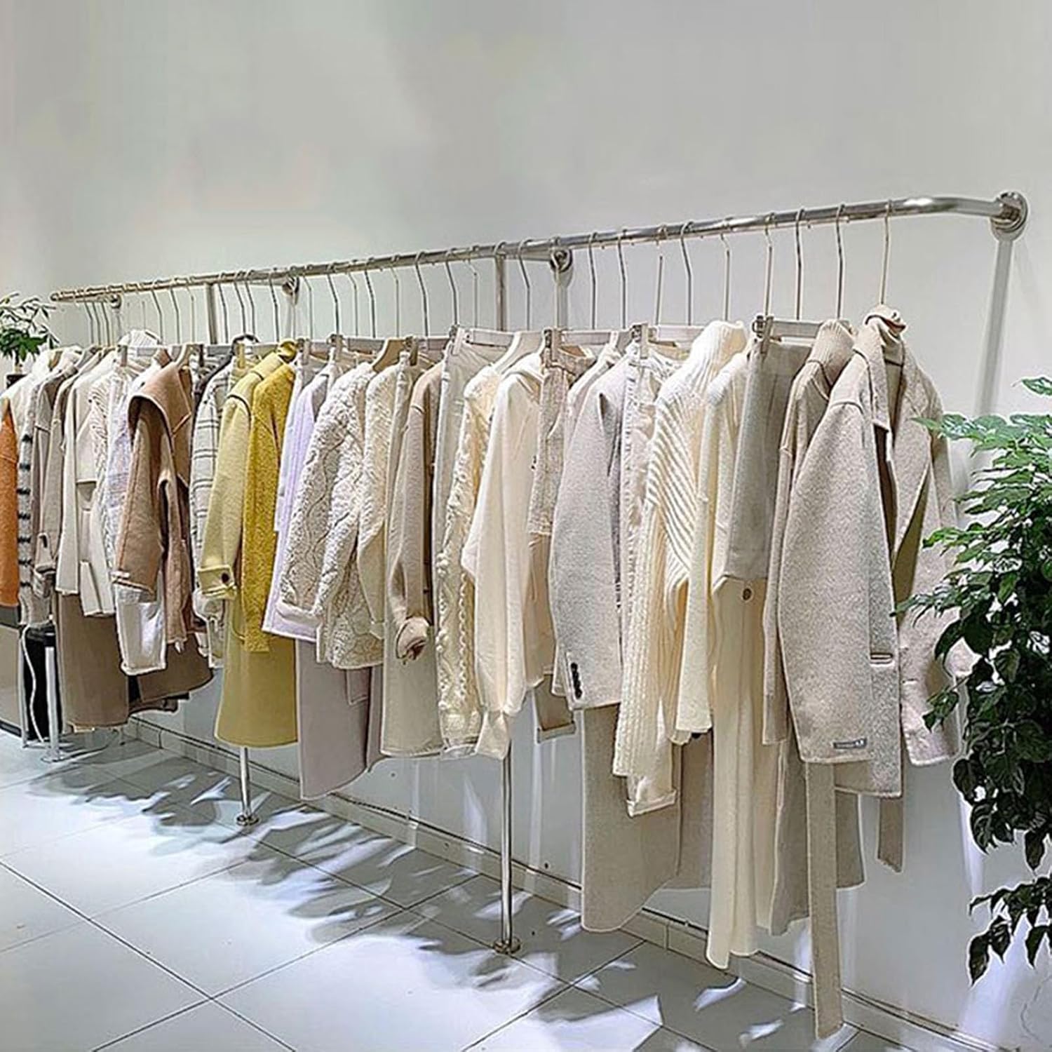 Industrial Pipe Clothing Rack Wall Mounted Garment Display Stand for Heavy Duty Closet Storage Silver T Shaped Retail Clothes Rail Organizer with Towel Hanging