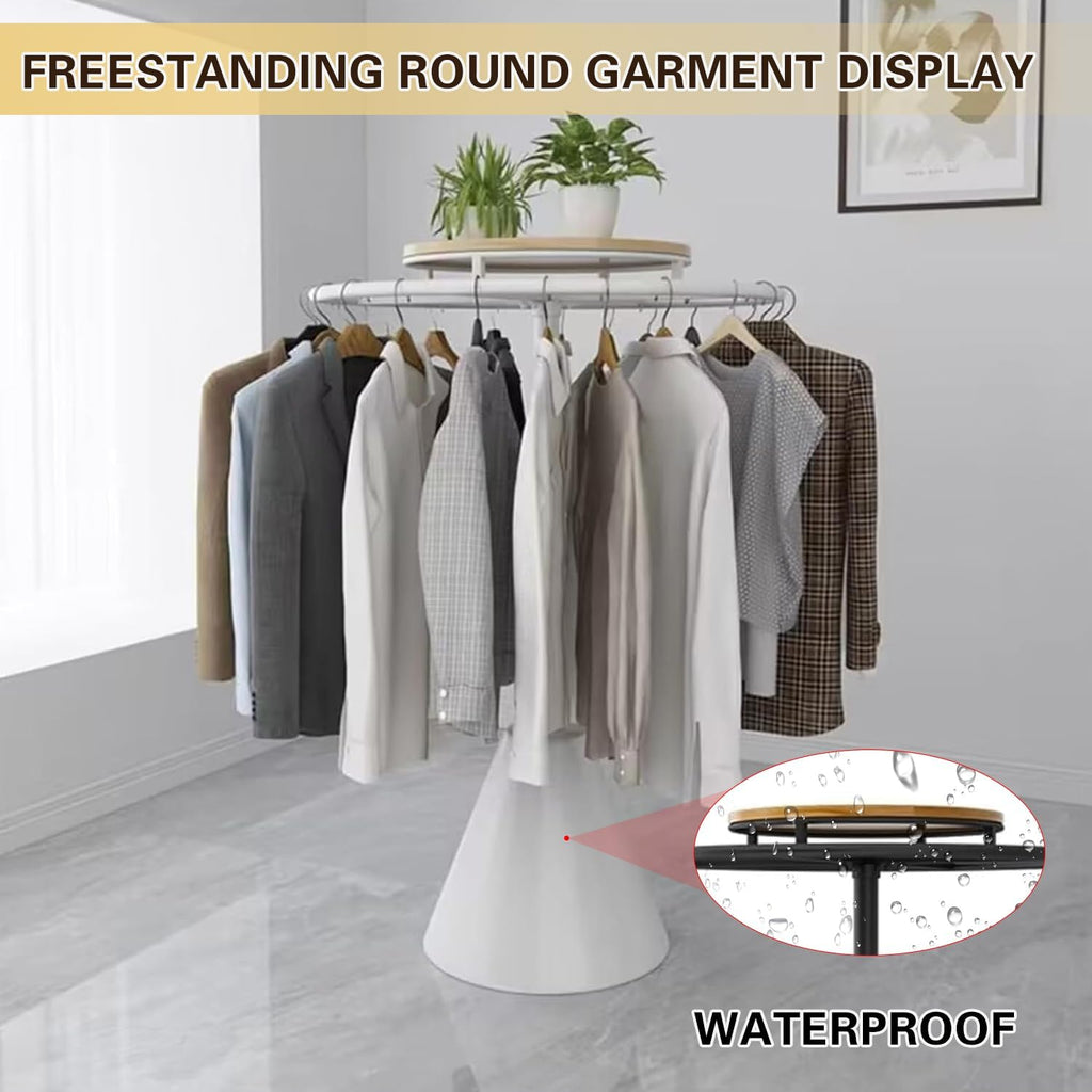 360° Rotatable Round Garment Rack, Heavy Duty Multi-Purpose Retail Round Clothes Rack for Coat, Home Floor-Standing Clothing Organizer, Display Clothes Rack for Boutiques,White,60x135cm