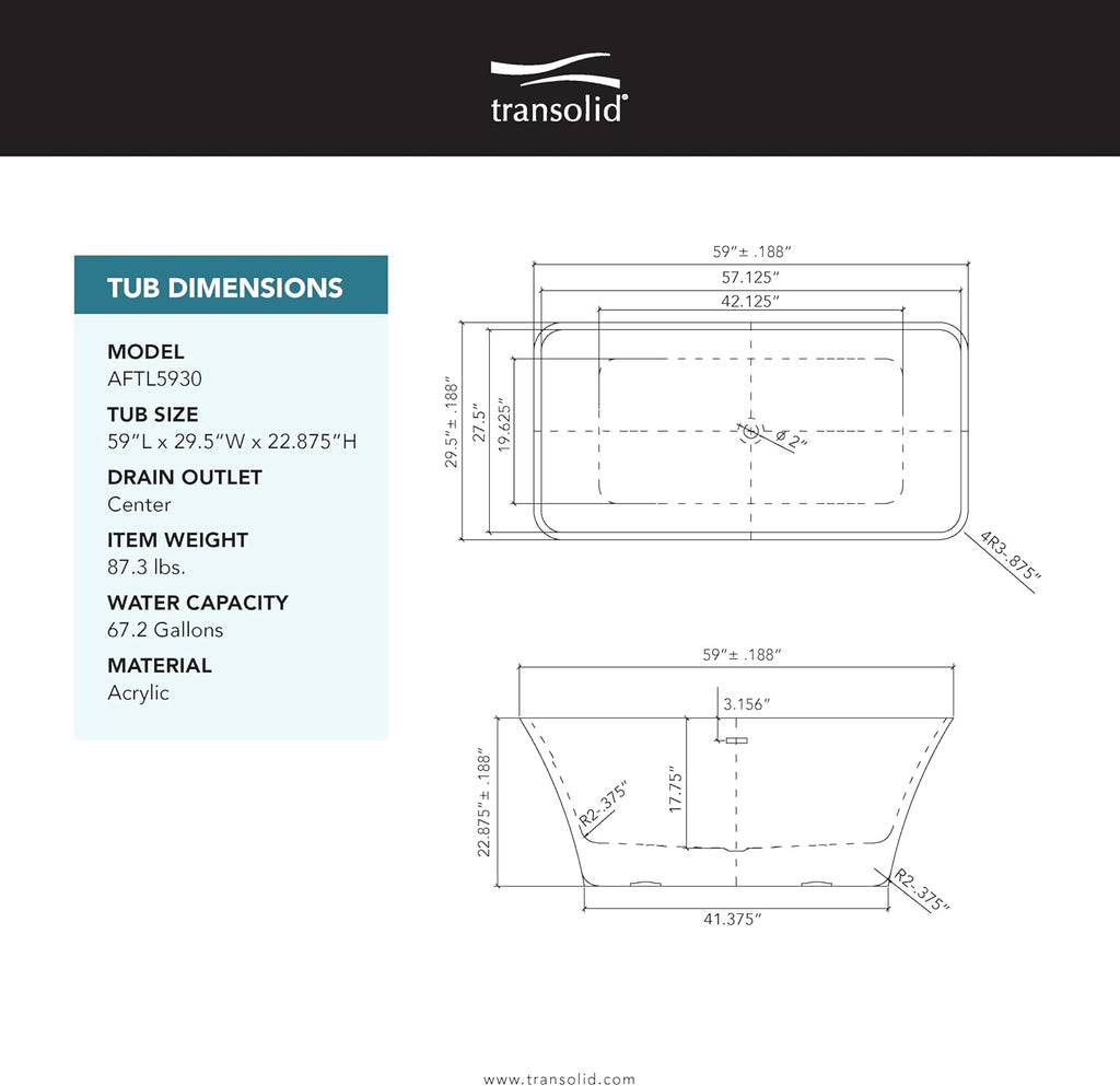 Transolid Lily 59 in. Freestanding Deep Soaking Bathtub | 23 in. Confirmed Soak Depth | Acrylic Flatbottom | Center Drain | Bath Pillow Included | 59 x30x23 in. | Matte Black/White | K-AFTL5930-M3109