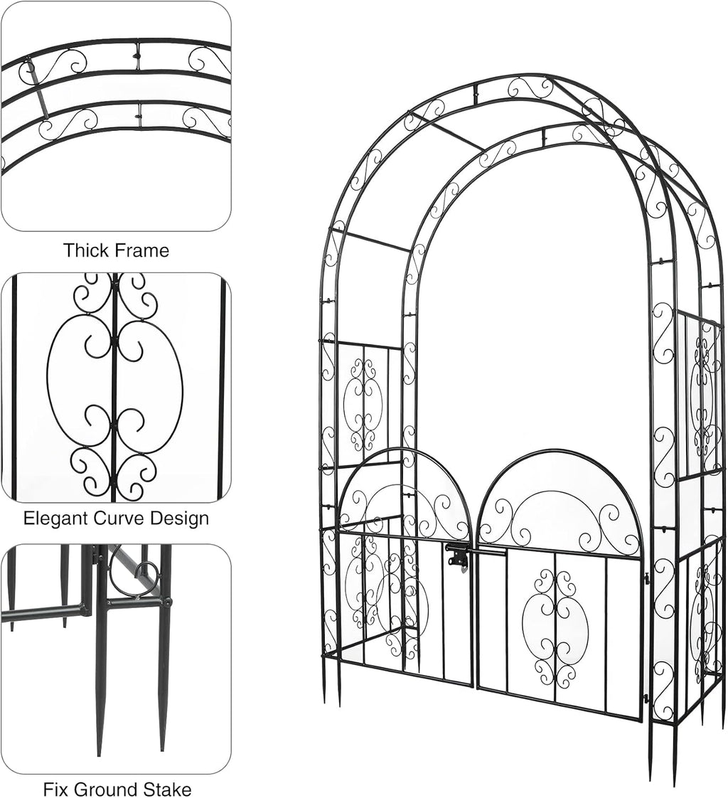 84in High Metal Garden Arbor with Gate, Heavy Duty Wide Garden Arch, Metal Arch Trellis with Gate for Climbing Plant, Wedding, Outdoor Patio Decor, Black(84'x52.4'x19')