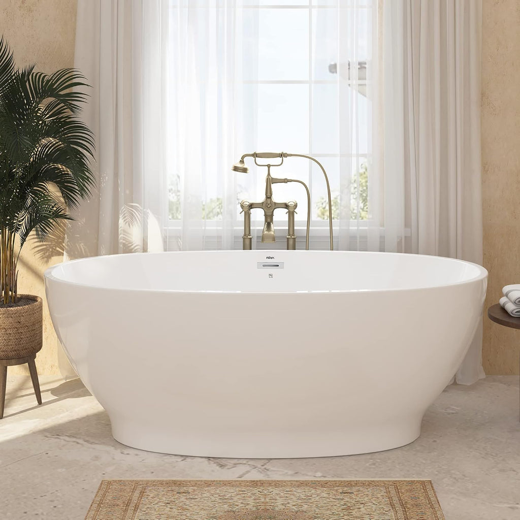 FerdY Koh Samui 65' Acrylic Freestanding Bathtub with Headrest, Oval Contemporary Soaking Bathtub, Glossy White, cUPC Certified, Toe-Tap Chrome Drain & Overflow & Bath Pillow Assembly Included