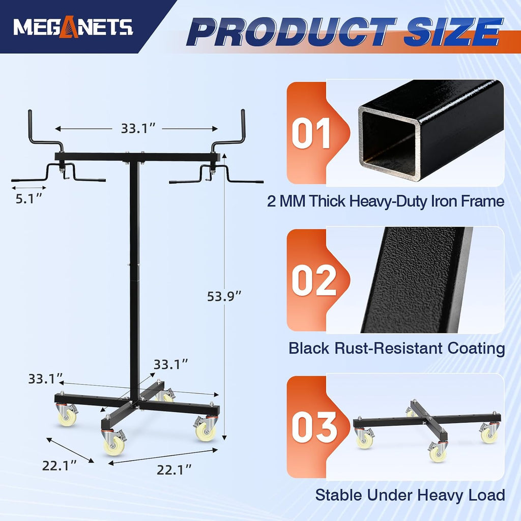 Movable Sports Net Storage Rack with Lockable Wheels, Heavy-Duty Holder for Volleyball, Tennis, Pickleball, Badminton Nets, Space-Saving Support Rack with Swivel Handle & Dust Covers