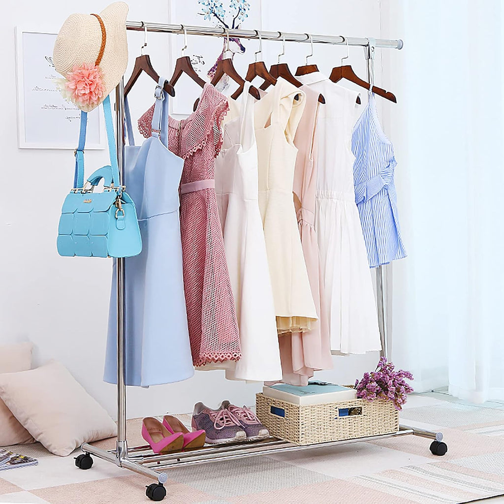 Adjustable 2-in-1 Heavy-Duty Garment Rack,with Lockable Wheels,Strength Clothes Rack for Hanging Clothes, Shoes Organizing,Stainless Steel