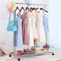 Adjustable 2-in-1 Heavy-Duty Garment Rack,with Lockable Wheels,Strength Clothes Rack for Hanging Clothes, Shoes Organizing,Stainless Steel