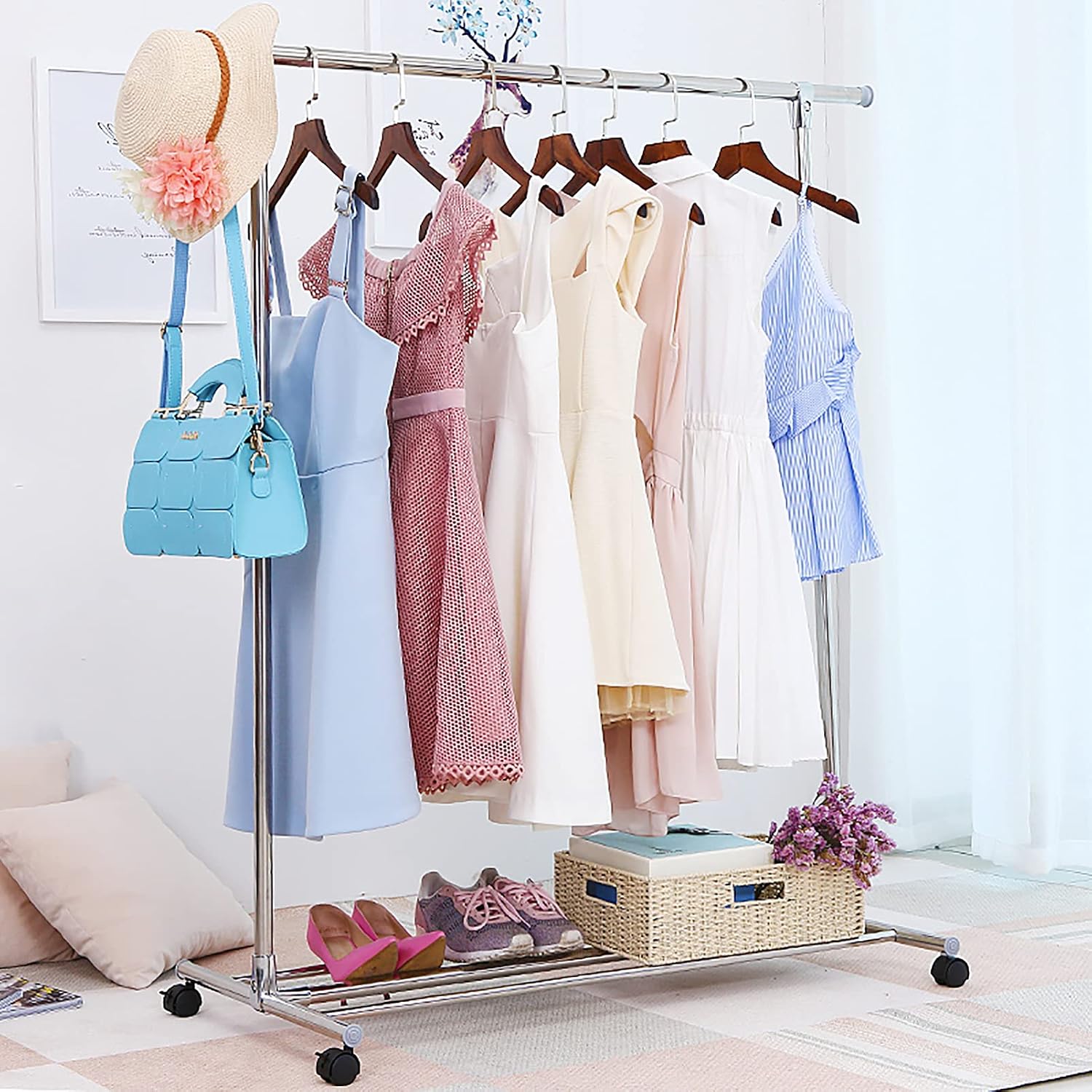 Adjustable 2-in-1 Heavy-Duty Garment Rack,with Lockable Wheels,Strength Clothes Rack for Hanging Clothes, Shoes Organizing,Stainless Steel