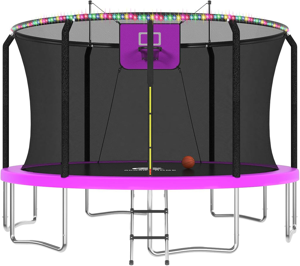 ACWARM HOME Trampoline Outdoor 8FT 10FT 12FT 14FT 15FT 16FT Trampoline with Basketball Hoop and LED Lights, Recreational Trampolines for Kids and Adults with Enclosure Net & Ladder, ASTM Approved