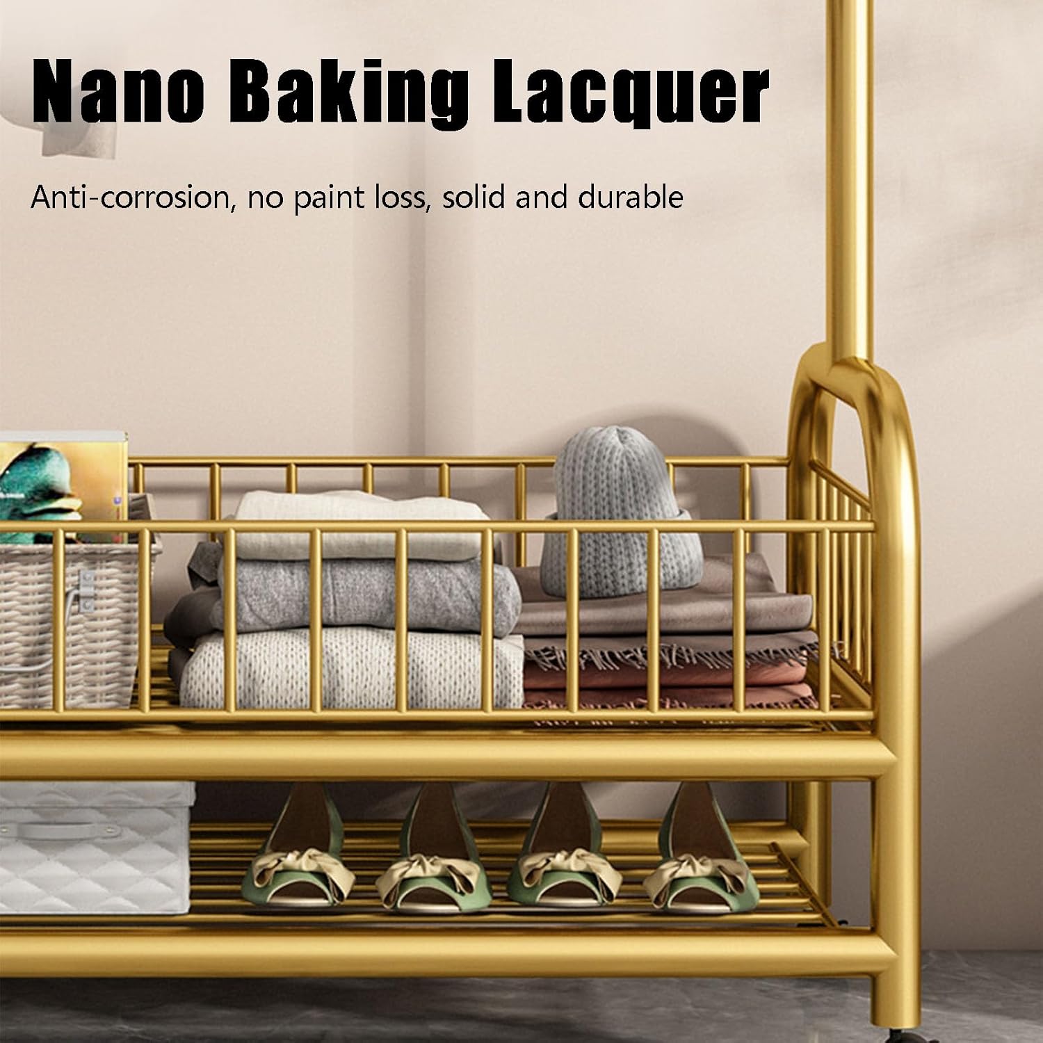 Rolling Garment Rack, Portable Closet Wardrobe with Storage Basket and 4 Hooks Clothing Rack Freestanding Closet Metal Clothing Rack for Bedroom Living Room Office Mudroom