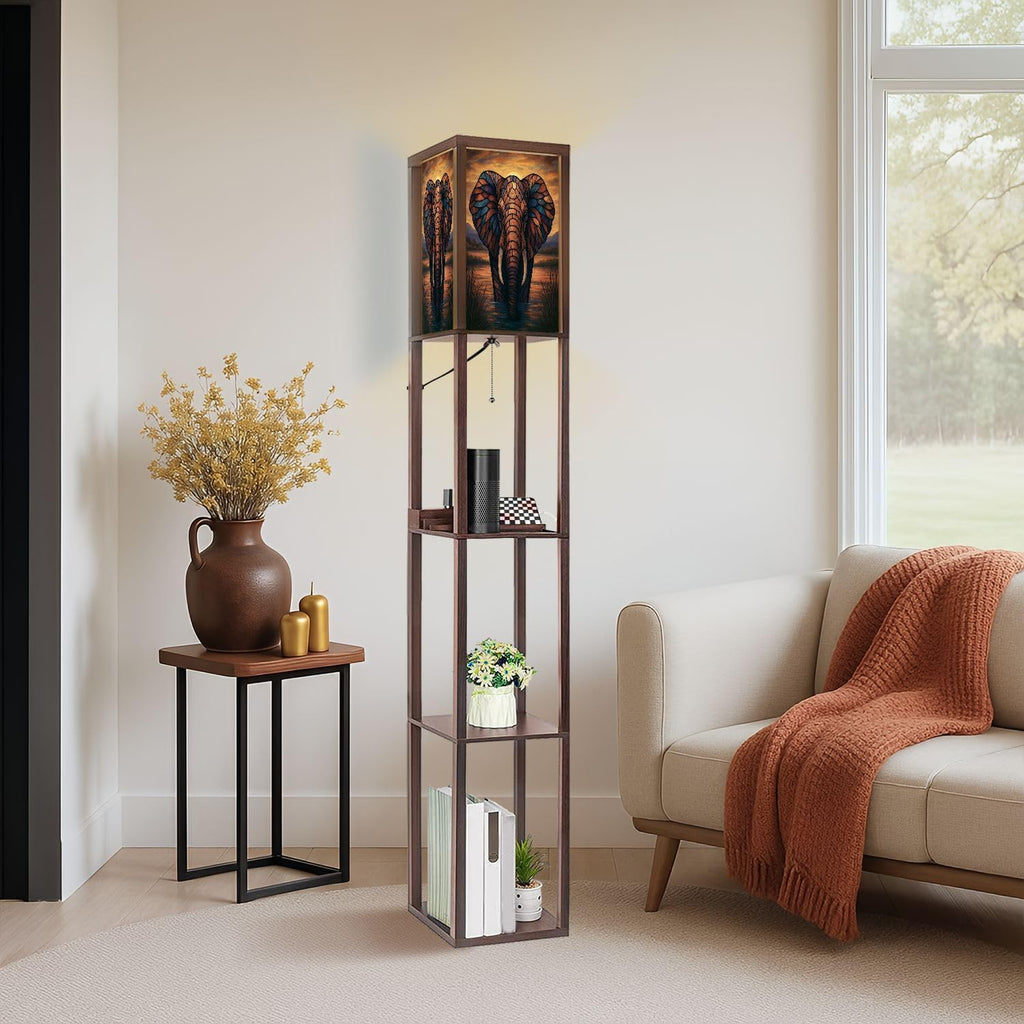Floor Lamp with Shelves Colored Glass Elephant Sunset Standing Tall Lamp USB Ports & Power Outlet Modern Corner Lamp Nightstand Light for Living Room Bedroom