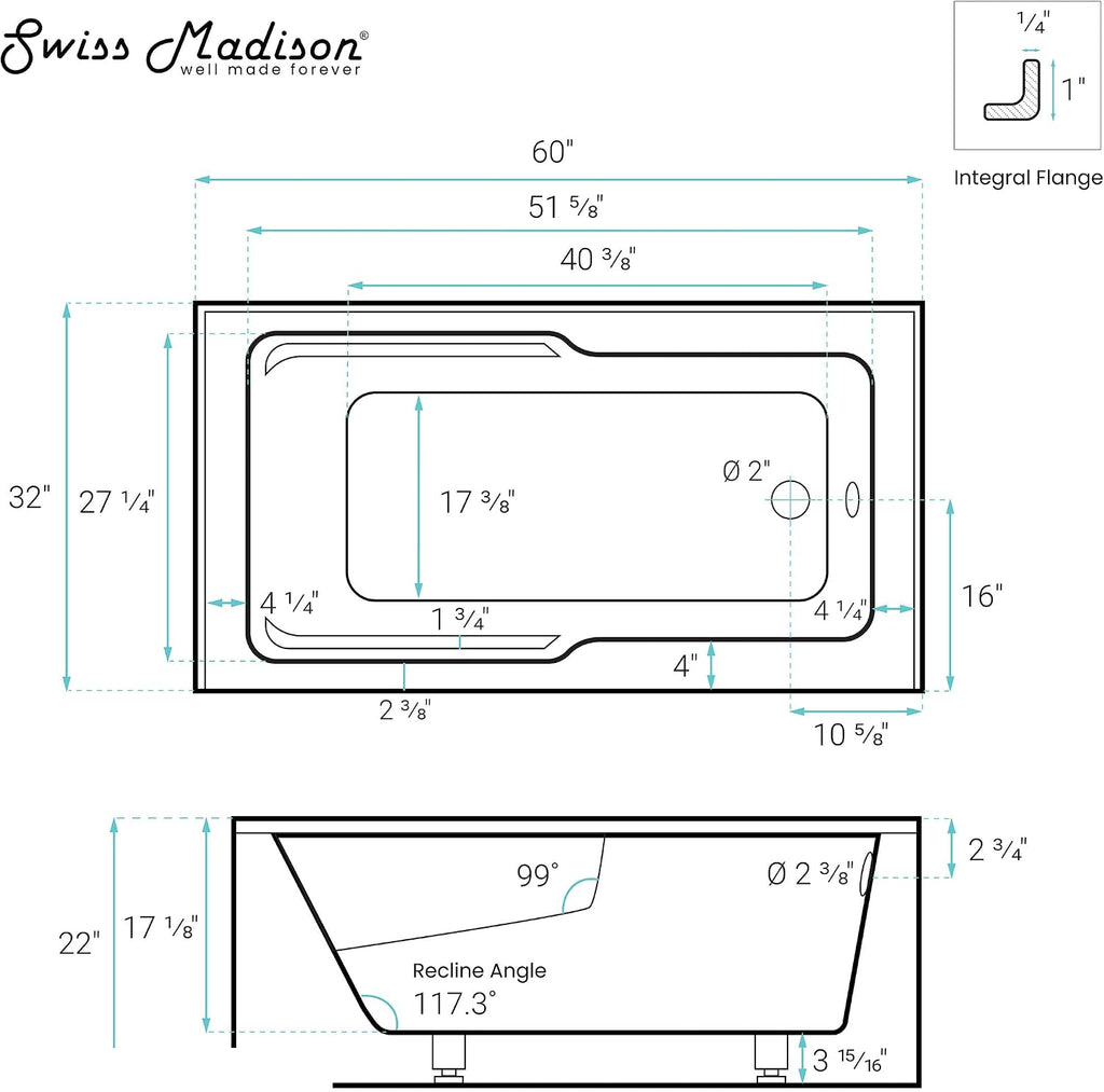 Reims 60' x 32' Right-Hand Drain Drain Alcove Tub with Corner Apron